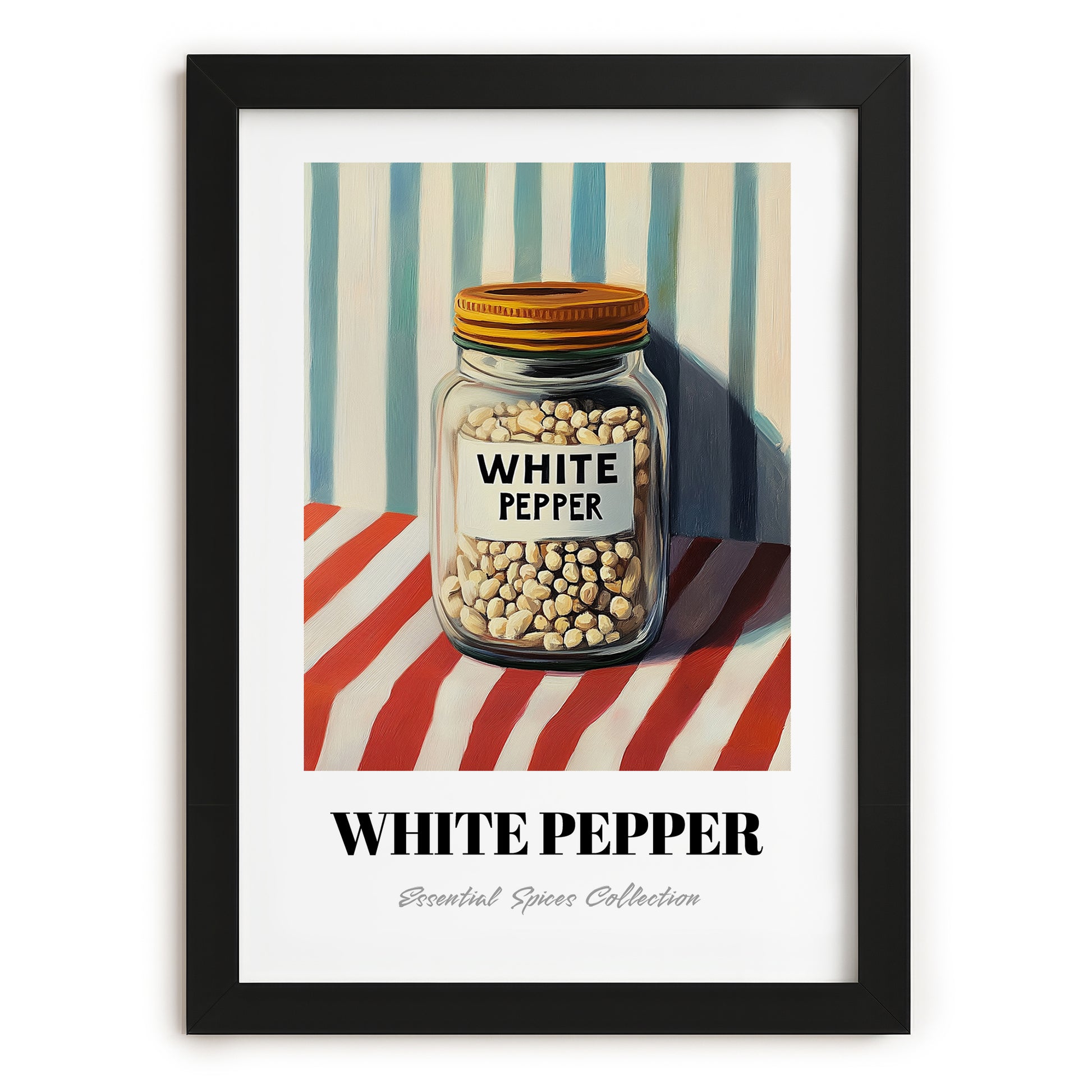 White Pepper – on Striped Tablecloth, Spices Art, in sleek black frame