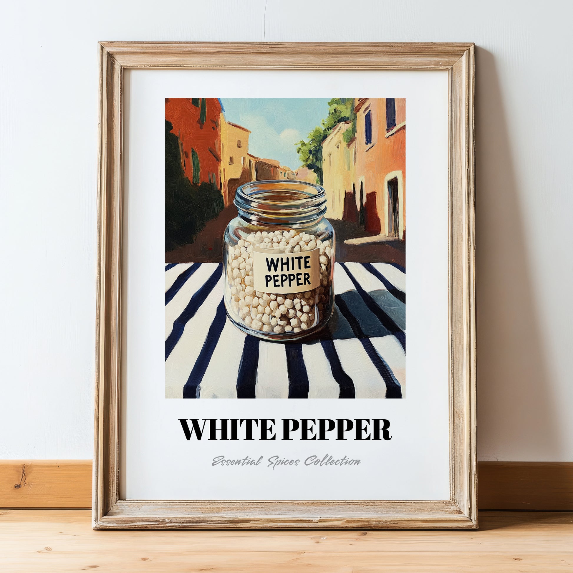 White Pepper – Italian Café on the Corner, Spices Illustration, in wooden frame leaning on the floor