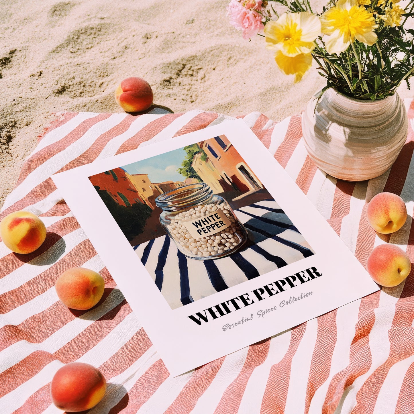 White Pepper – Italian Café on the Corner, Spices Illustration, unframed on coastal sand