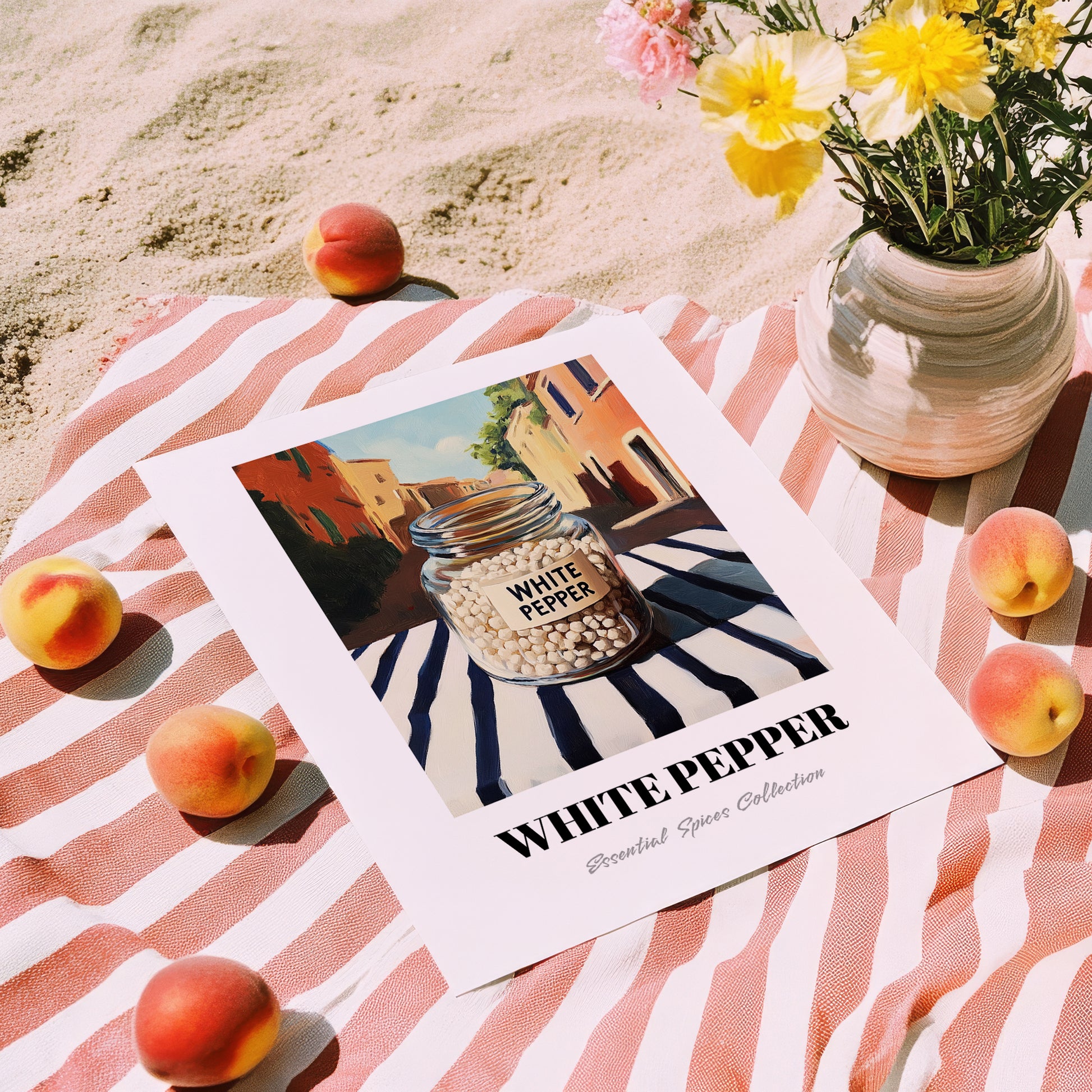 White Pepper – Italian Café on the Corner, Spices Illustration, unframed on coastal sand