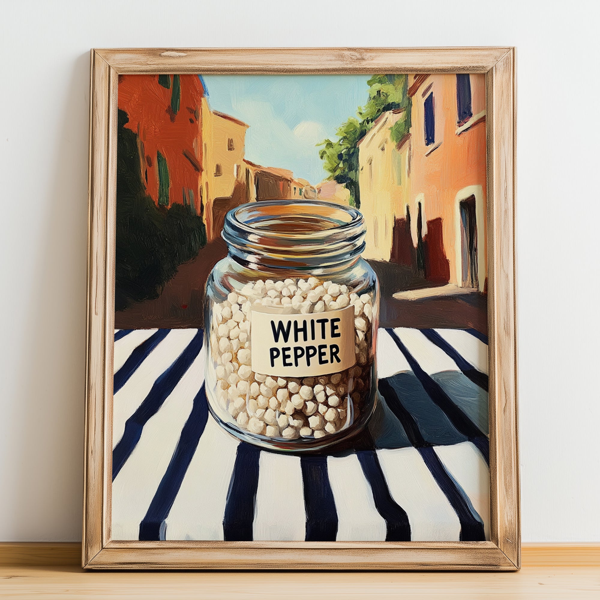 White Pepper – Italian Café on the Corner, Spices Illustration, no-text version framed in wood