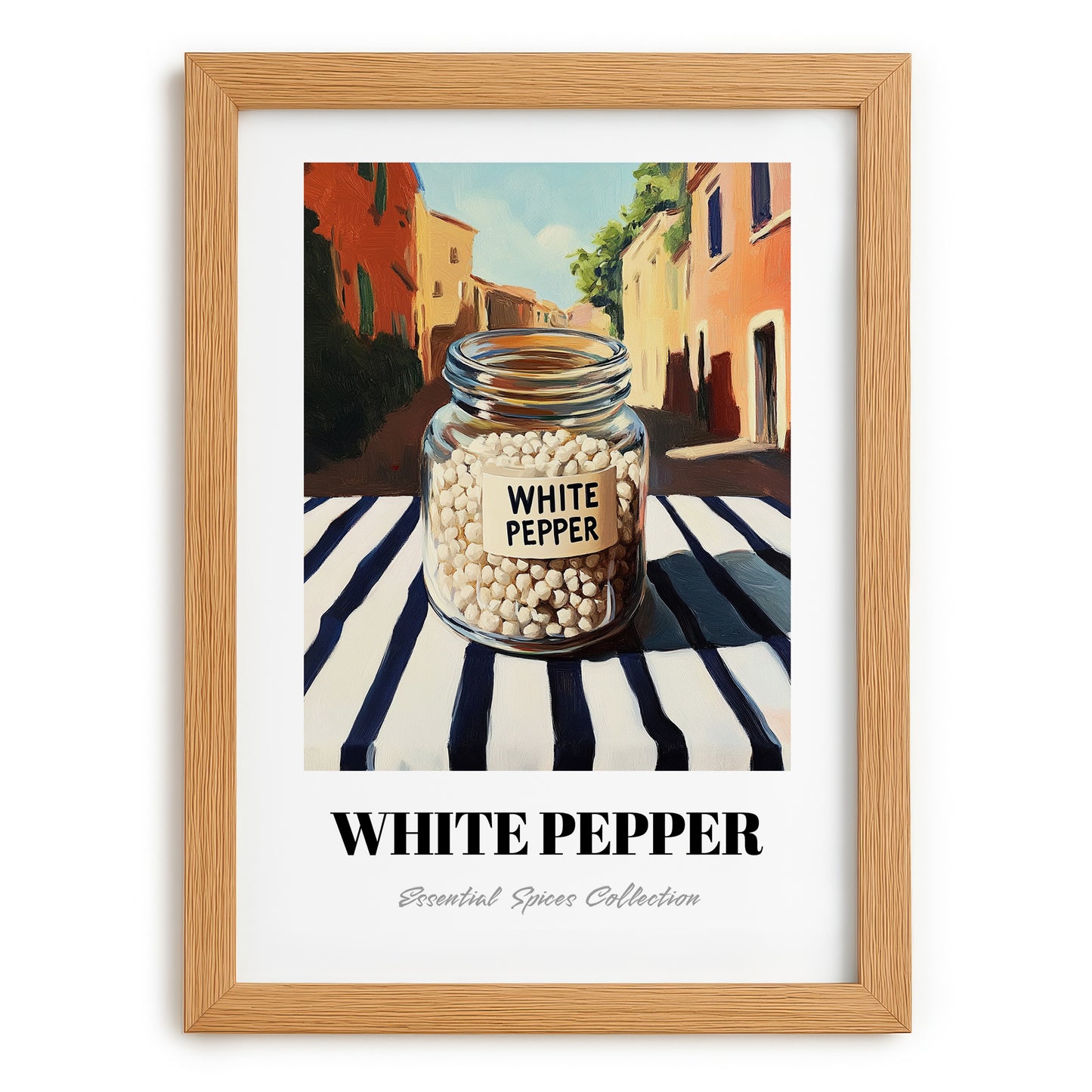 White Pepper – Italian Café on the Corner, Spices Illustration, set in oak frame