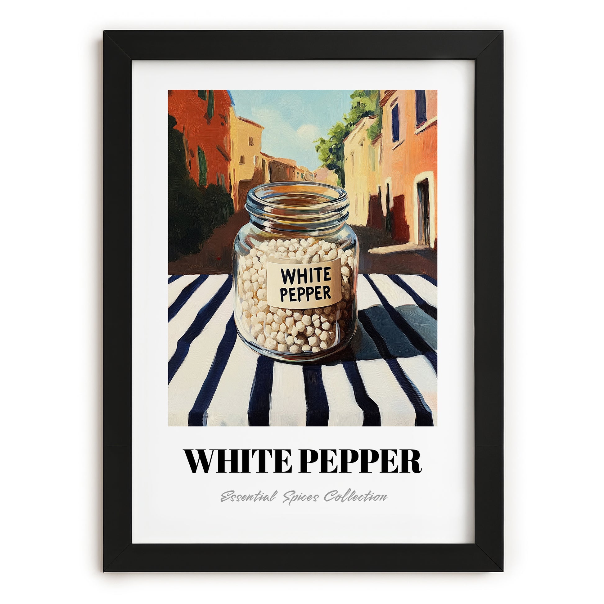 White Pepper – Italian Café on the Corner, Spices Illustration, in sleek black frame