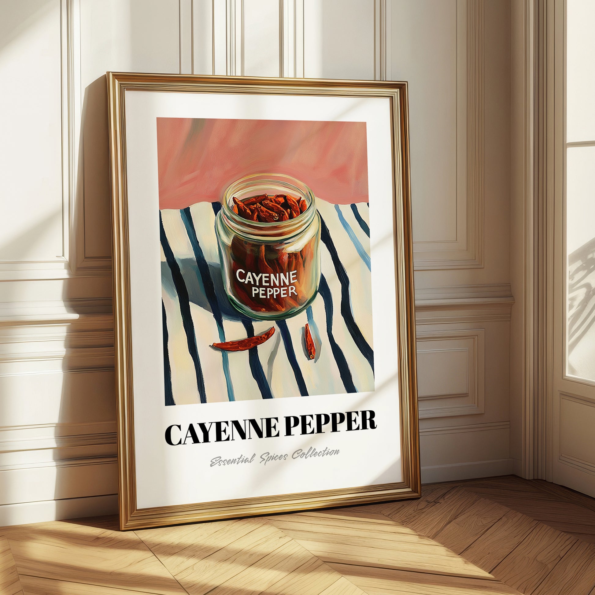 Cayenne Pepper – on Striped Tablecloth, Spices Still Life