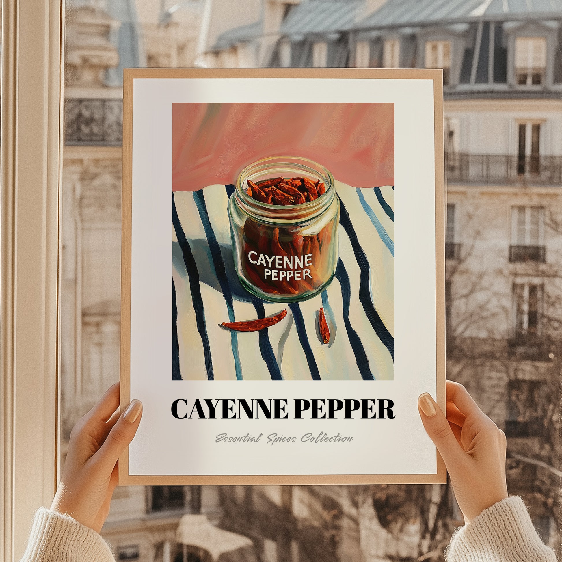 Cayenne Pepper – on Striped Tablecloth, Spices Still Life, styled in a charming Paris street view