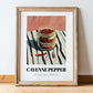 Cayenne Pepper – on Striped Tablecloth, Spices Still Life, in wooden frame leaning on the floor