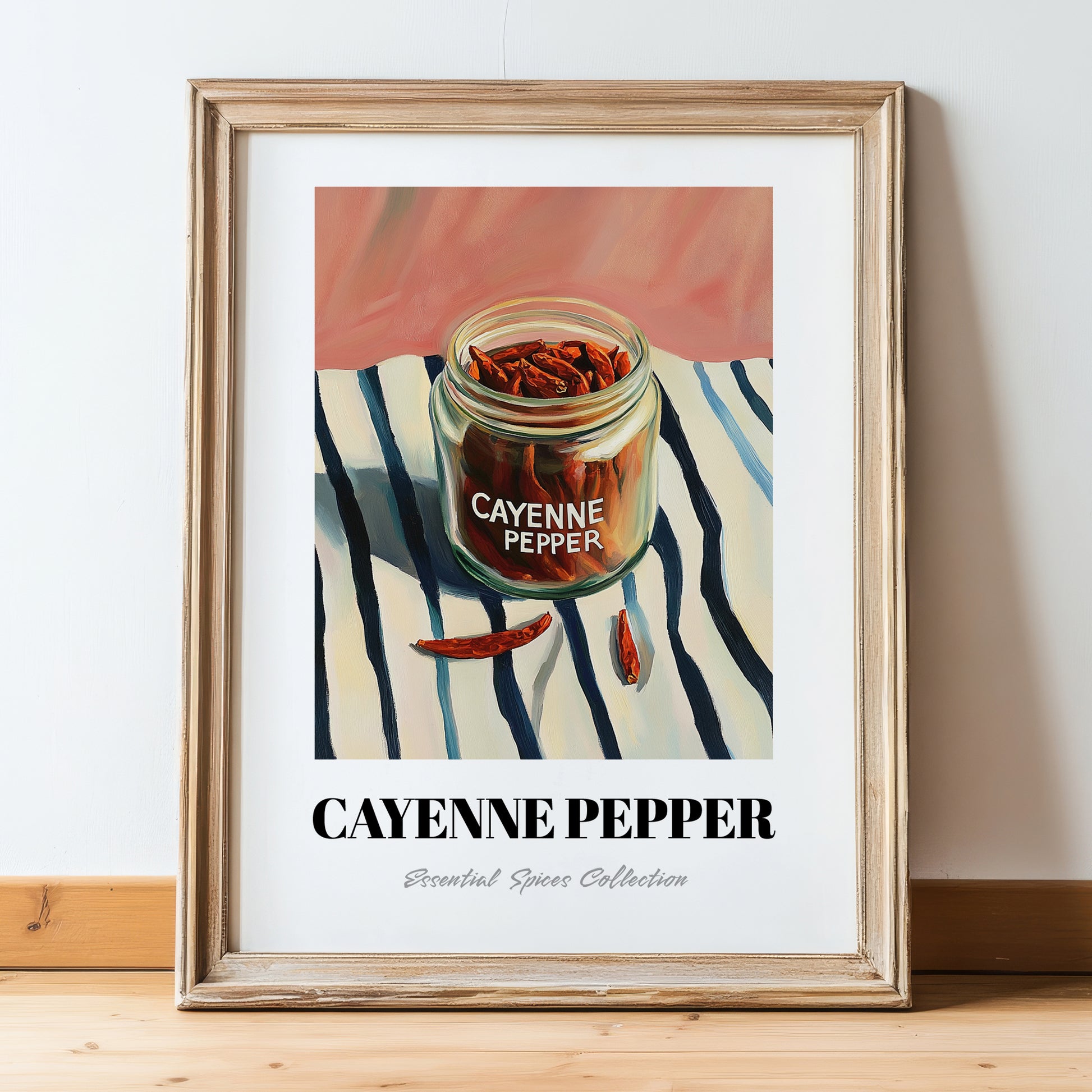 Cayenne Pepper – on Striped Tablecloth, Spices Still Life, in wooden frame leaning on the floor