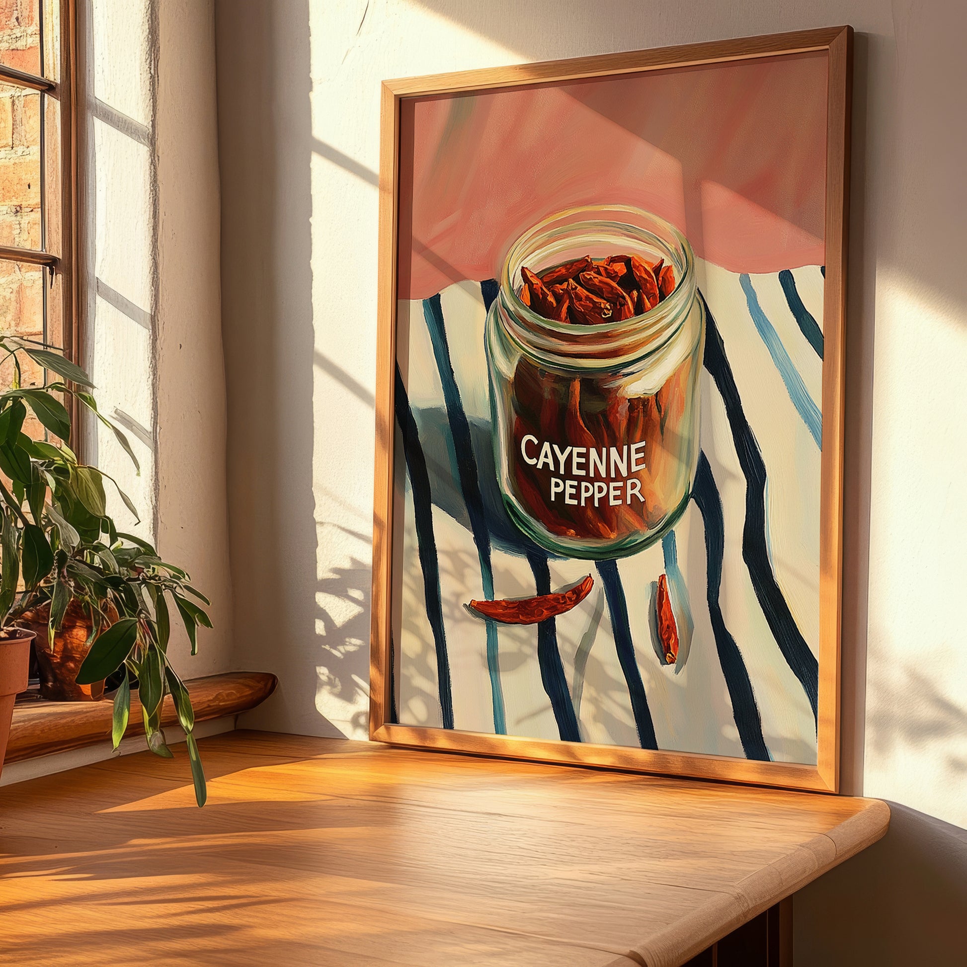 Cayenne Pepper – on Striped Tablecloth, Spices Still Life, clean layout with no caption