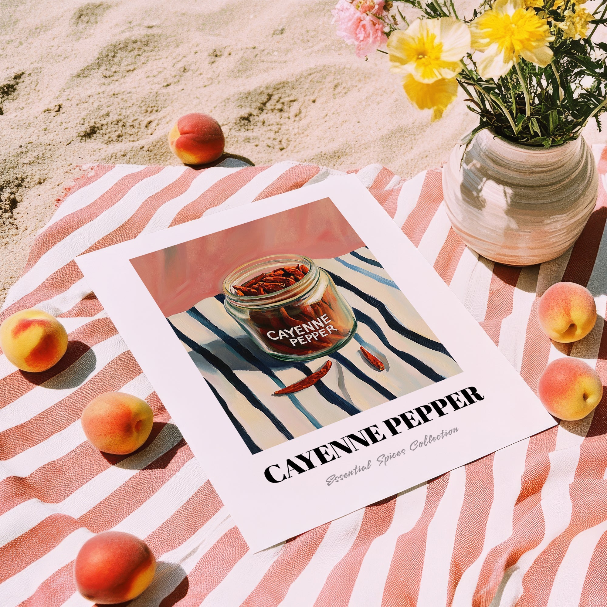 Cayenne Pepper – on Striped Tablecloth, Spices Still Life, unframed on coastal sand