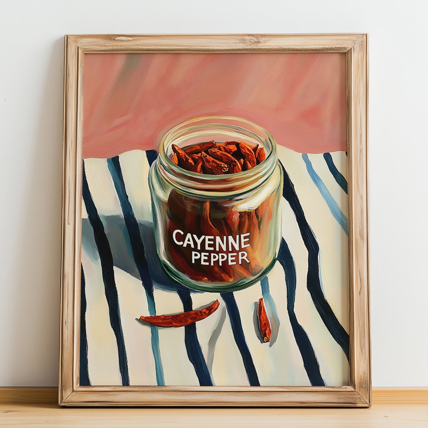 Cayenne Pepper – on Striped Tablecloth, Spices Still Life, no-text version framed in wood