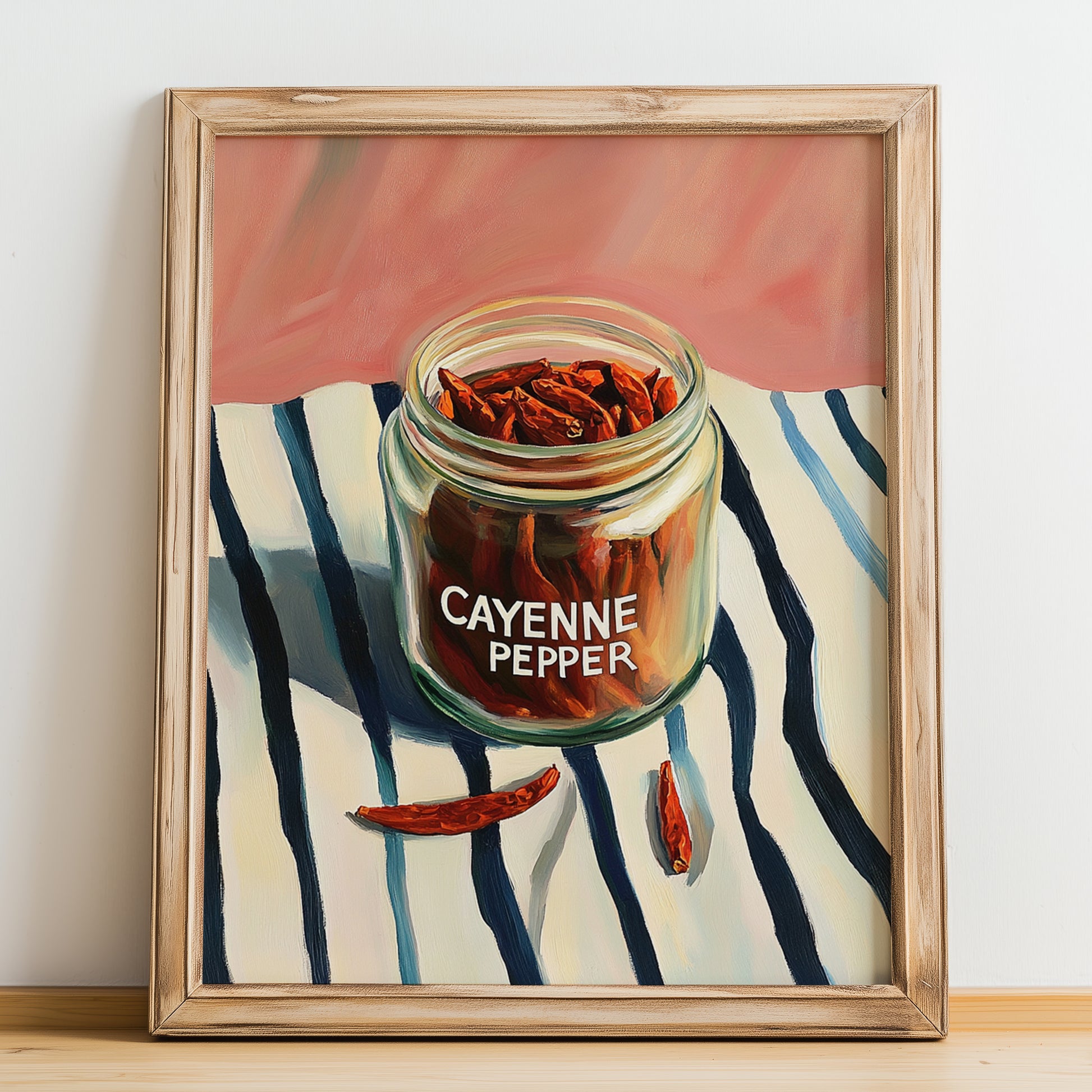 Cayenne Pepper – on Striped Tablecloth, Spices Still Life, no-text version framed in wood