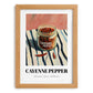 Cayenne Pepper – on Striped Tablecloth, Spices Still Life, set in oak frame