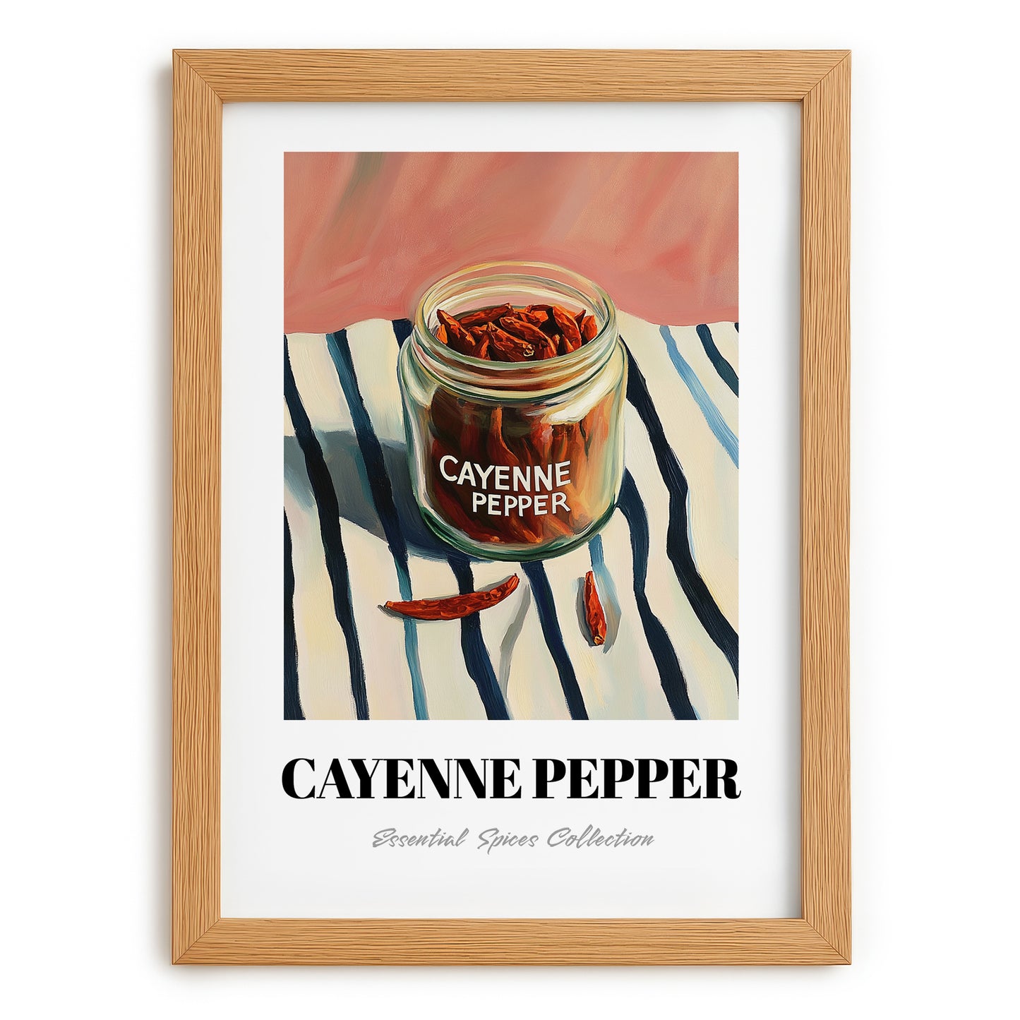 Cayenne Pepper – on Striped Tablecloth, Spices Still Life, set in oak frame