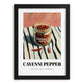 Cayenne Pepper – on Striped Tablecloth, Spices Still Life, in sleek black frame