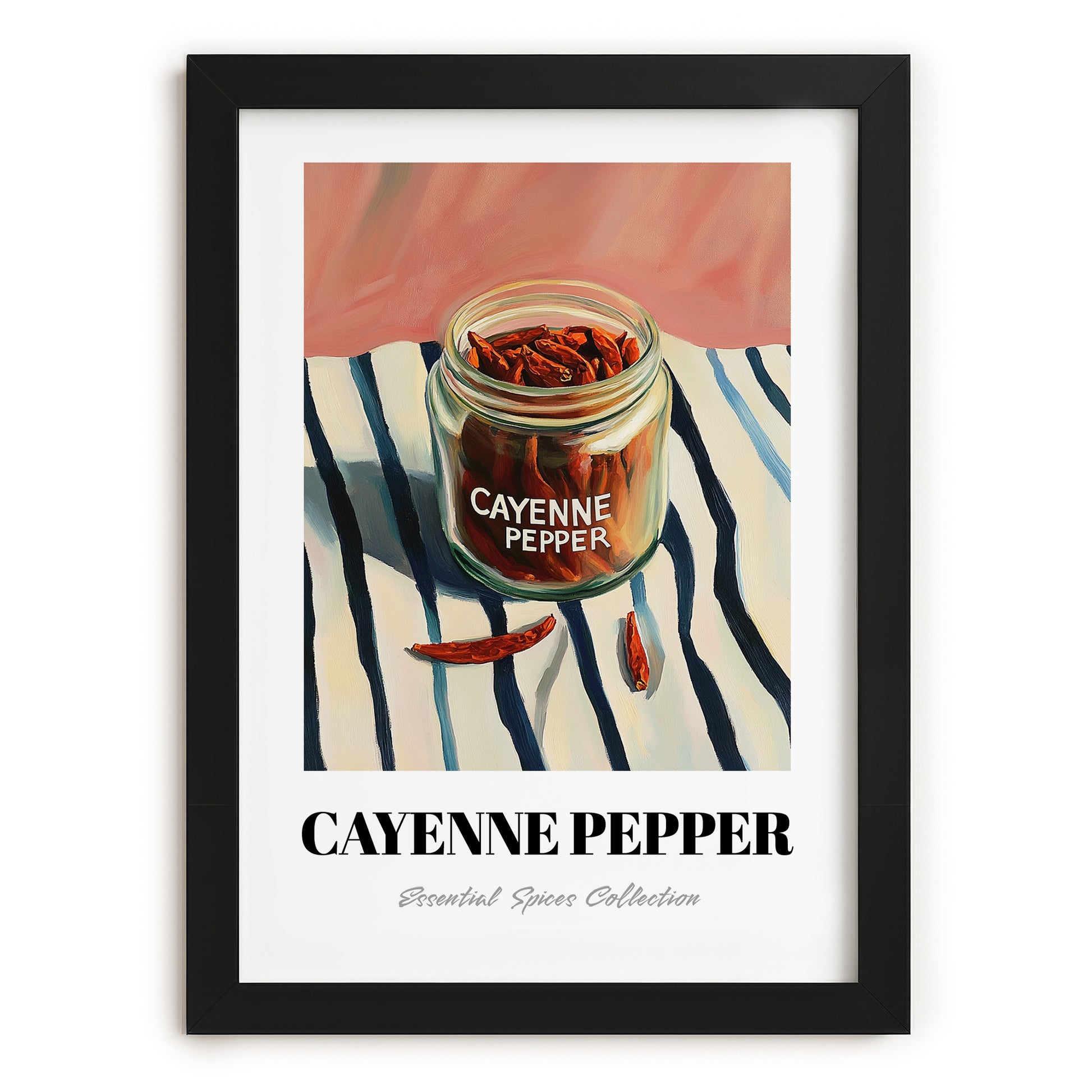 Cayenne Pepper – on Striped Tablecloth, Spices Still Life, in sleek black frame