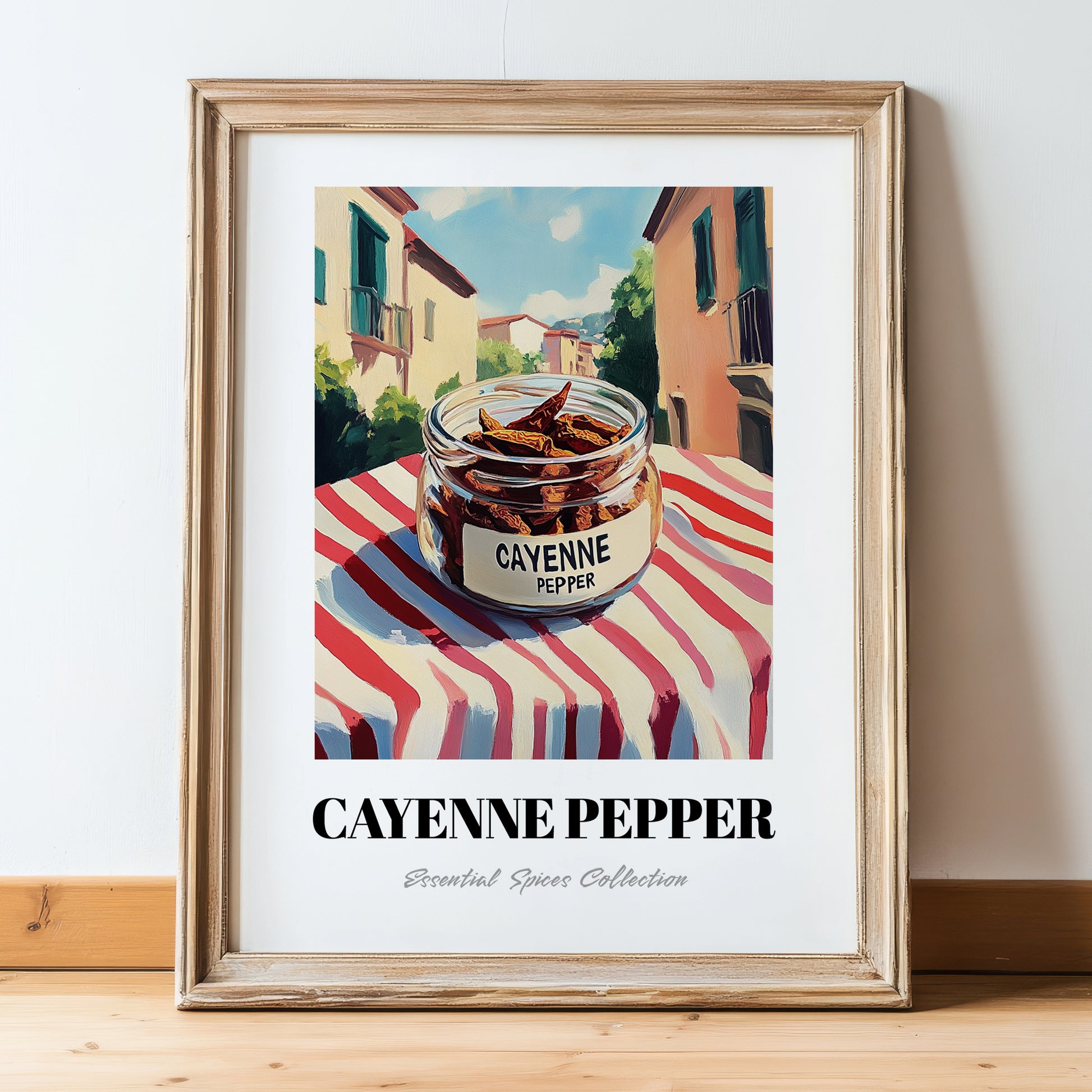 Cayenne Pepper – Italian Café on the Corner, Spices Still Life, in wooden frame leaning on the floor