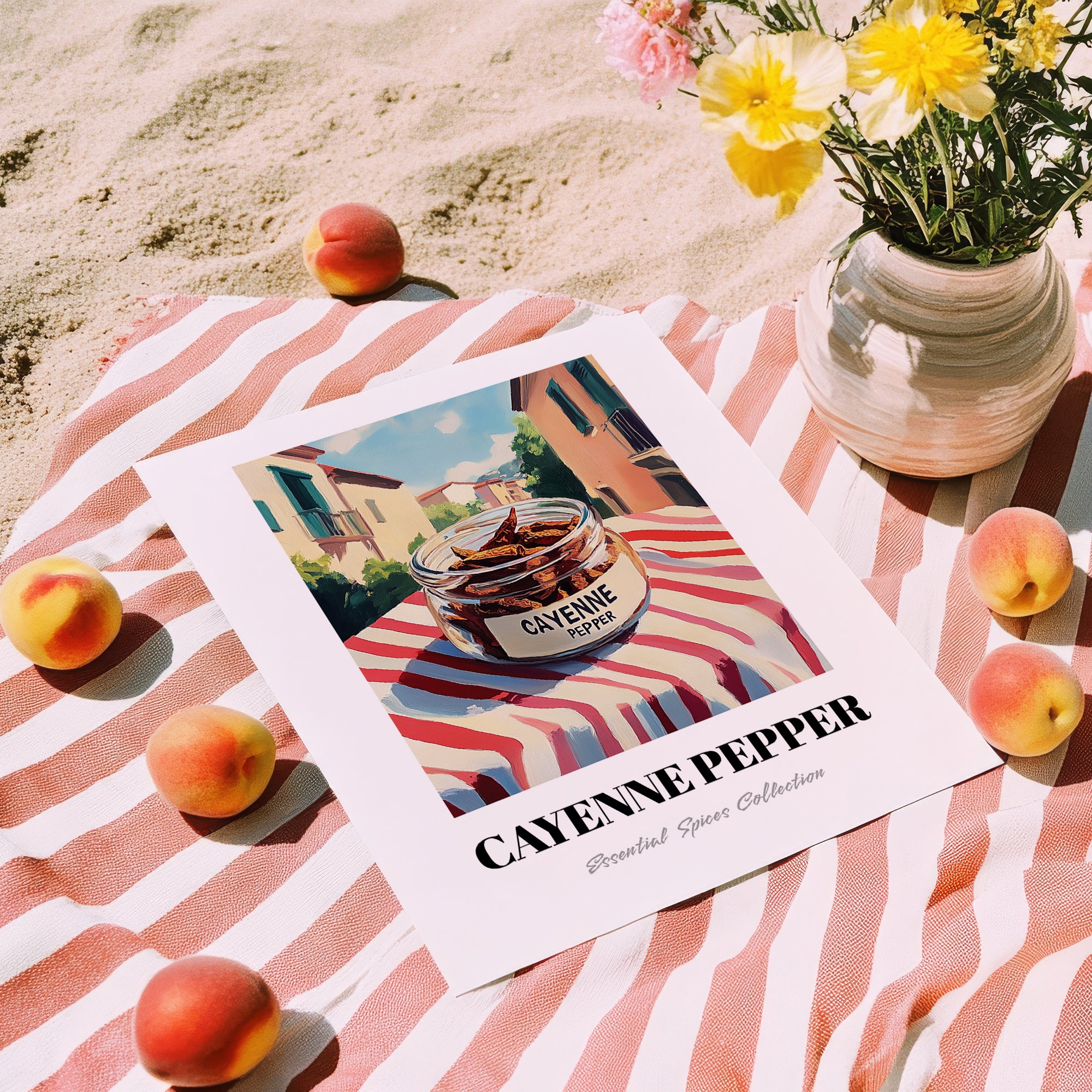 Cayenne Pepper – Italian Café on the Corner, Spices Still Life, unframed on coastal sand