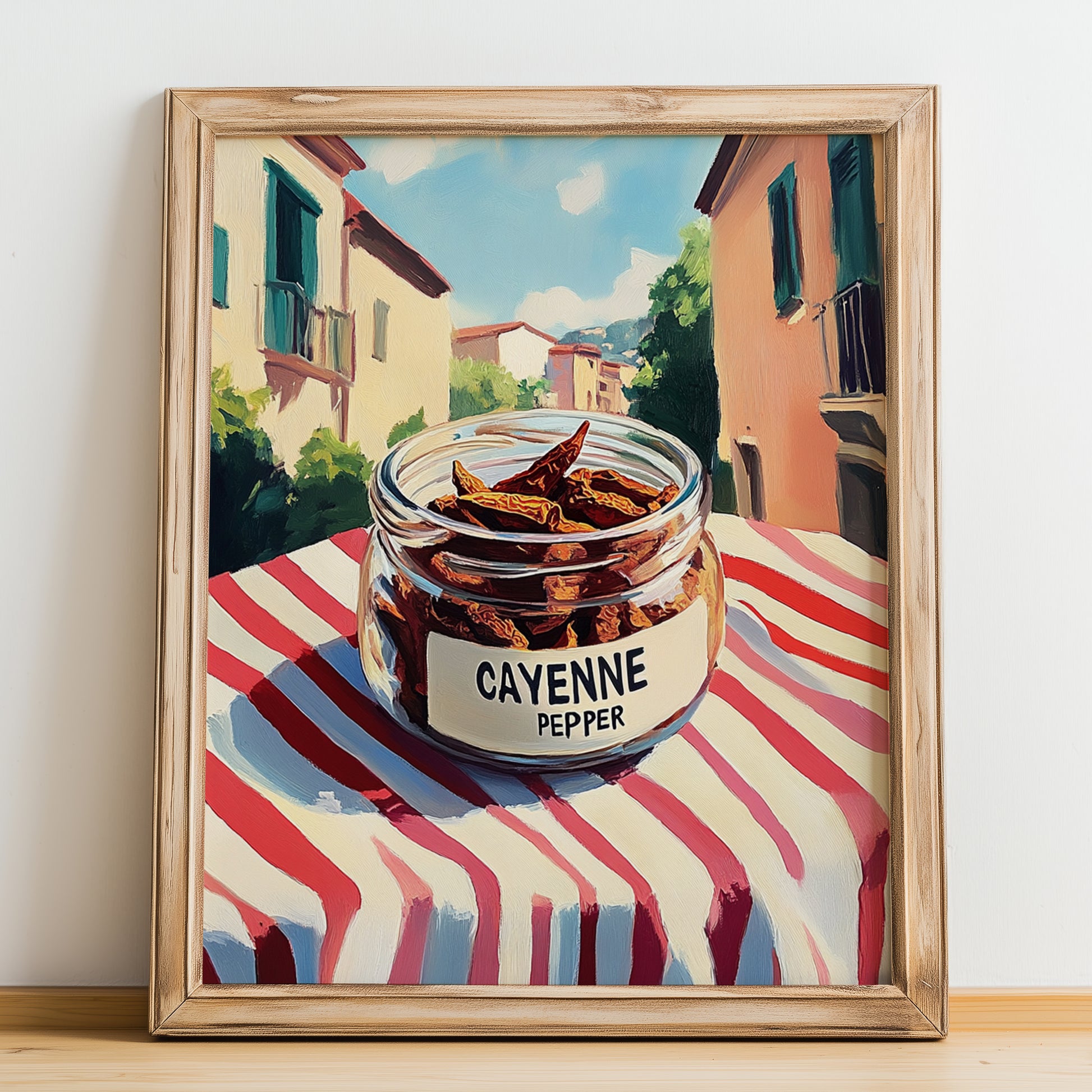 Cayenne Pepper – Italian Café on the Corner, Spices Still Life, no-text version framed in wood