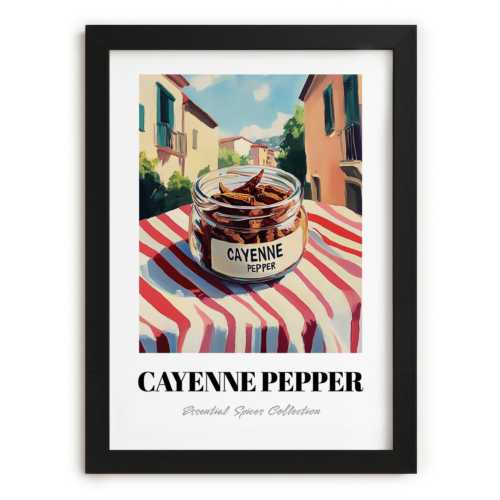 Cayenne Pepper – Italian Café on the Corner, Spices Still Life, in sleek black frame