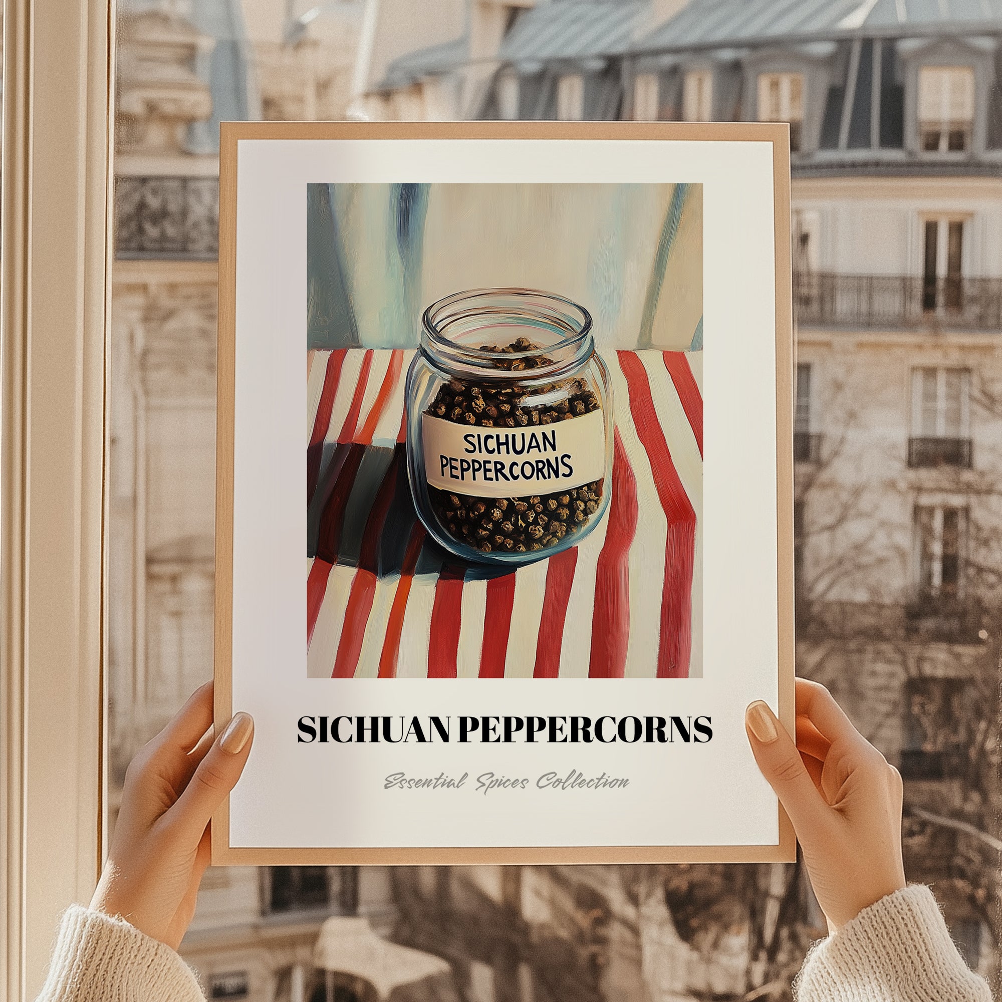 Sichuan Peppercorns – on Striped Tablecloth, Spices Wall Art, styled in a charming Paris street view