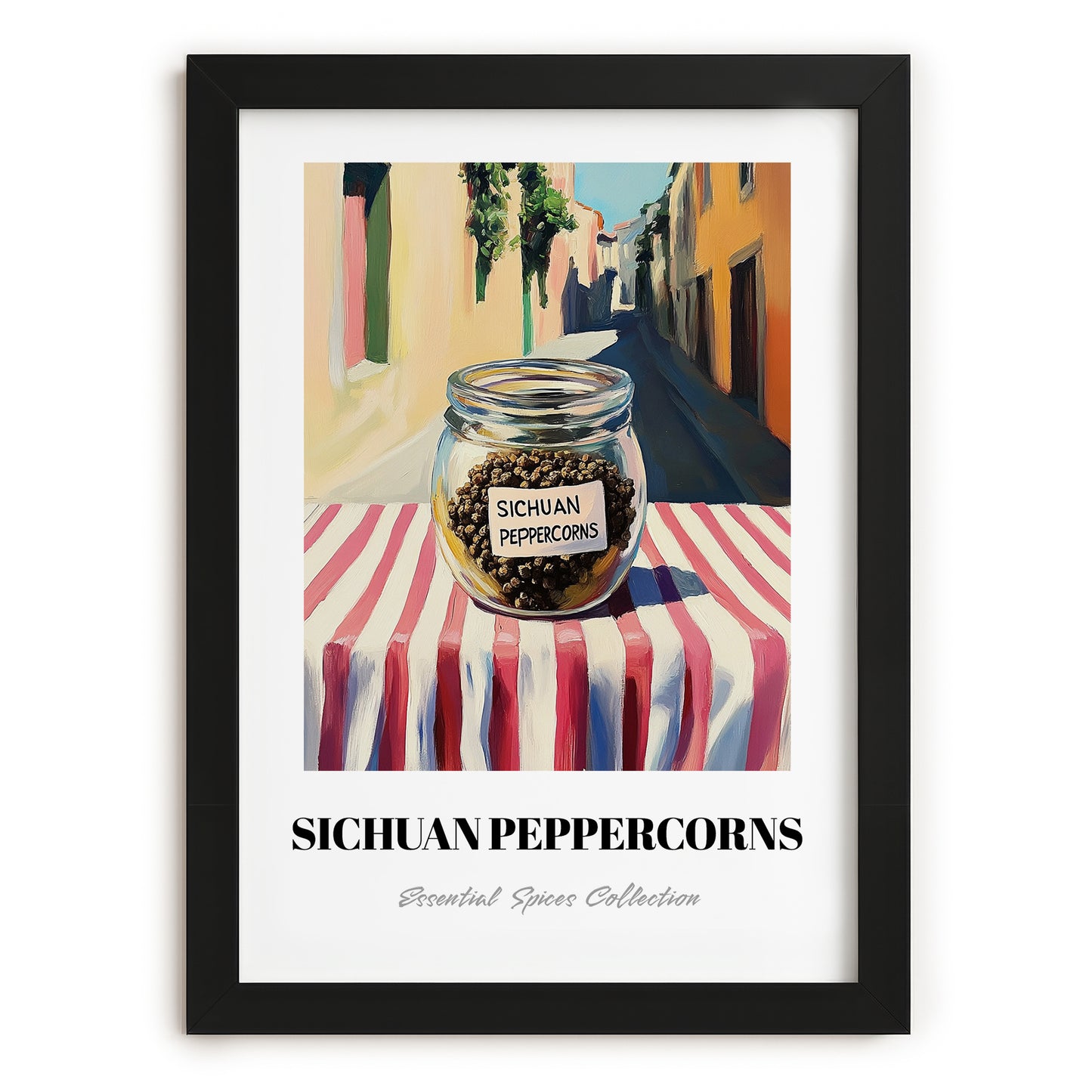 Sichuan Peppercorns – Italian Street Café Scene, Spices Wall Decor, in sleek black frame