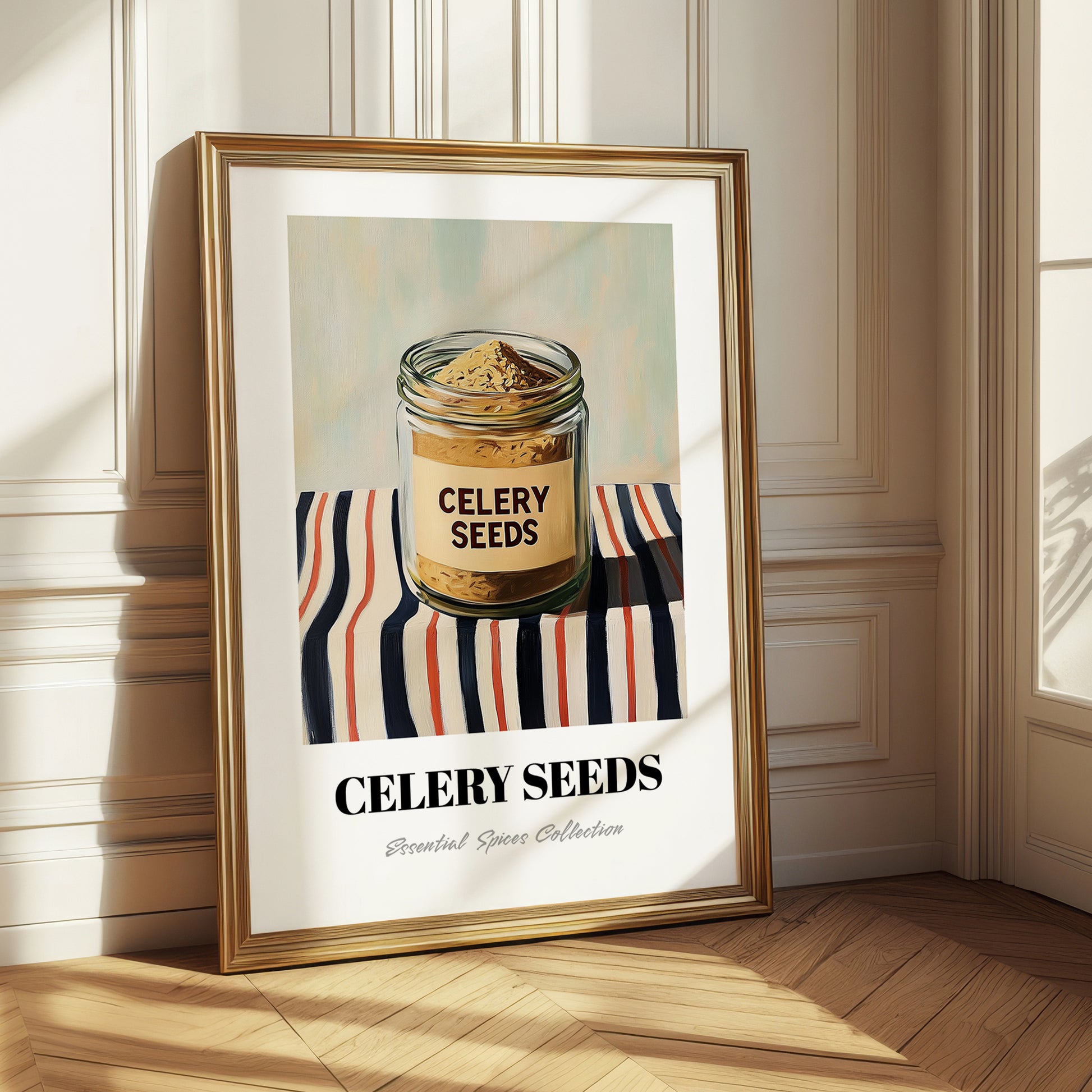 Celery Seeds – on Striped Tablecloth, Spices Print