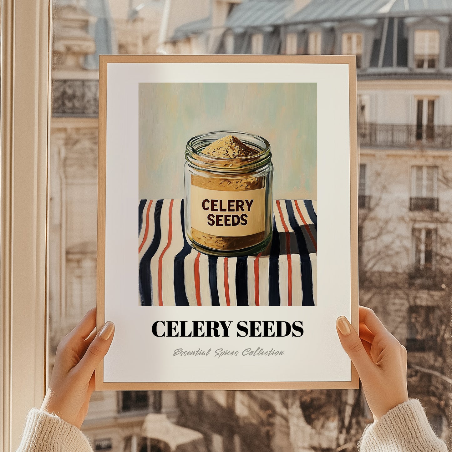Celery Seeds – on Striped Tablecloth, Spices Print, styled in a charming Paris street view