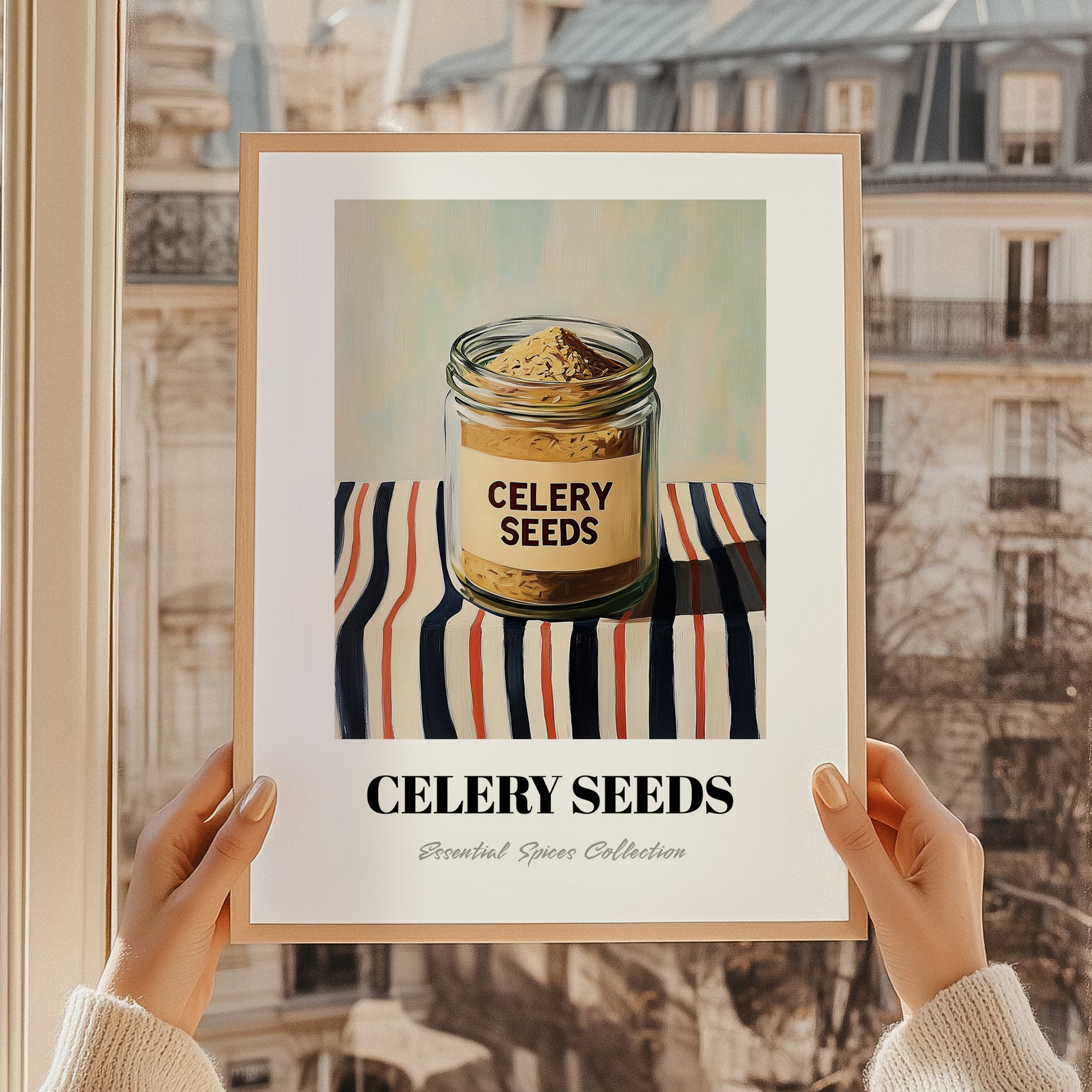 Celery Seeds – on Striped Tablecloth, Spices Print, styled in a charming Paris street view