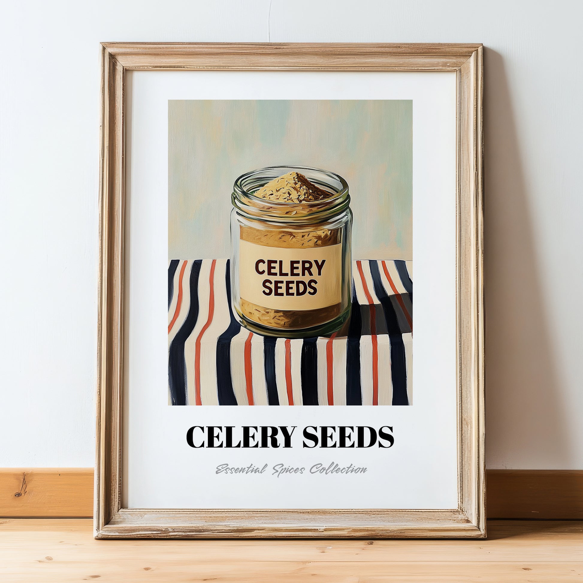 Celery Seeds – on Striped Tablecloth, Spices Print, in wooden frame leaning on the floor