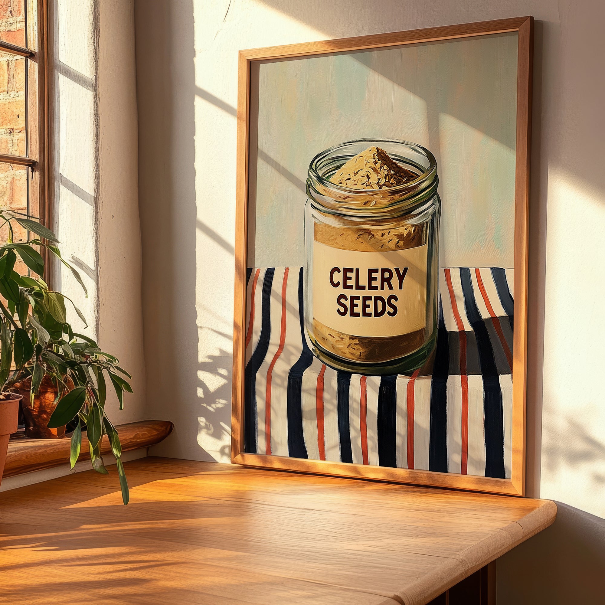 Celery Seeds – on Striped Tablecloth, Spices Print, clean layout with no caption