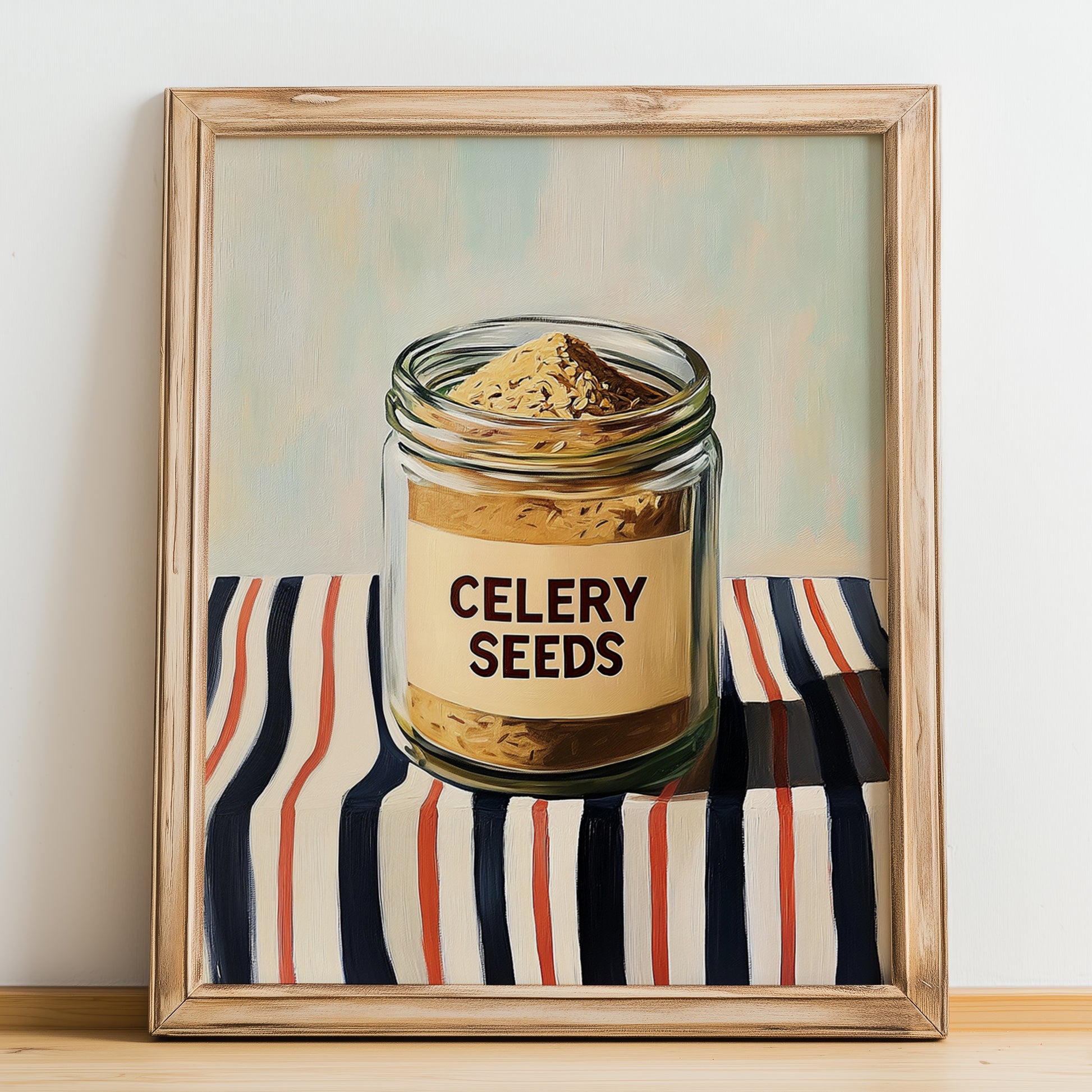 Celery Seeds – on Striped Tablecloth, Spices Print, no-text version framed in wood