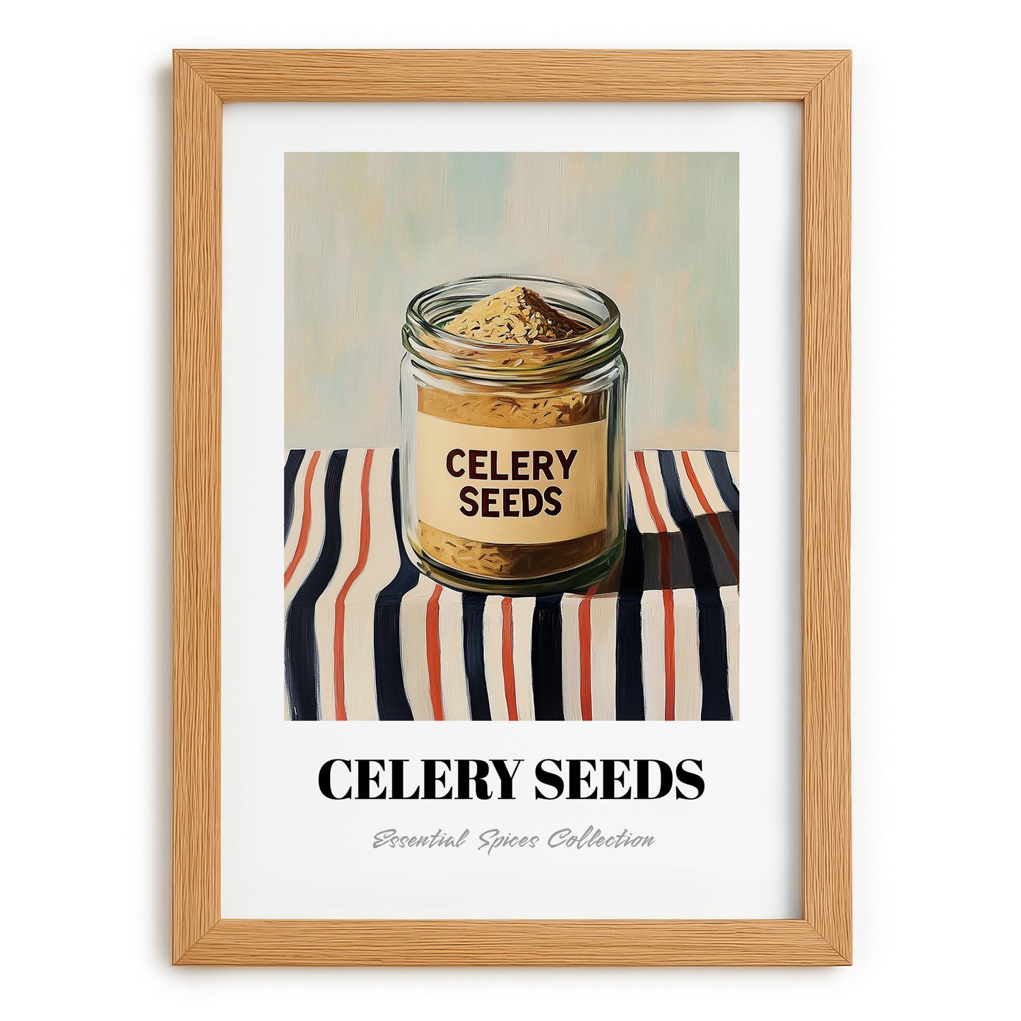 Celery Seeds – on Striped Tablecloth, Spices Print, set in oak frame