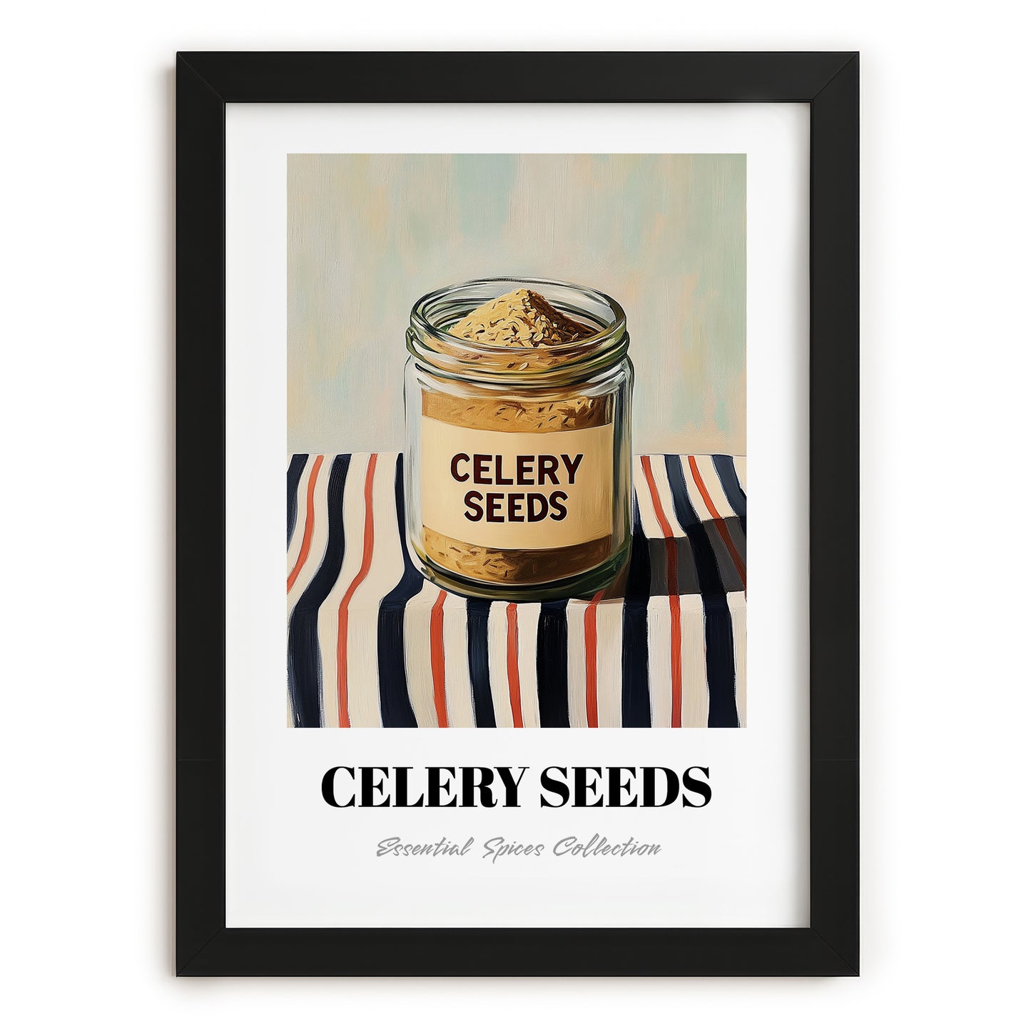 Celery Seeds – on Striped Tablecloth, Spices Print, in sleek black frame