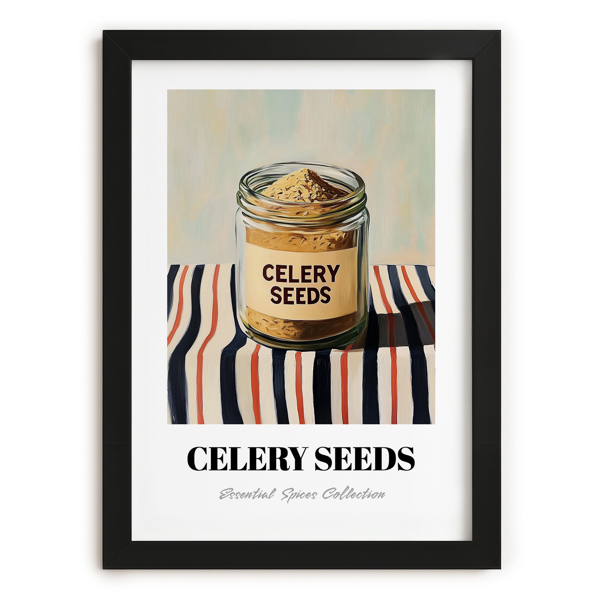 Celery Seeds – on Striped Tablecloth, Spices Print, in sleek black frame