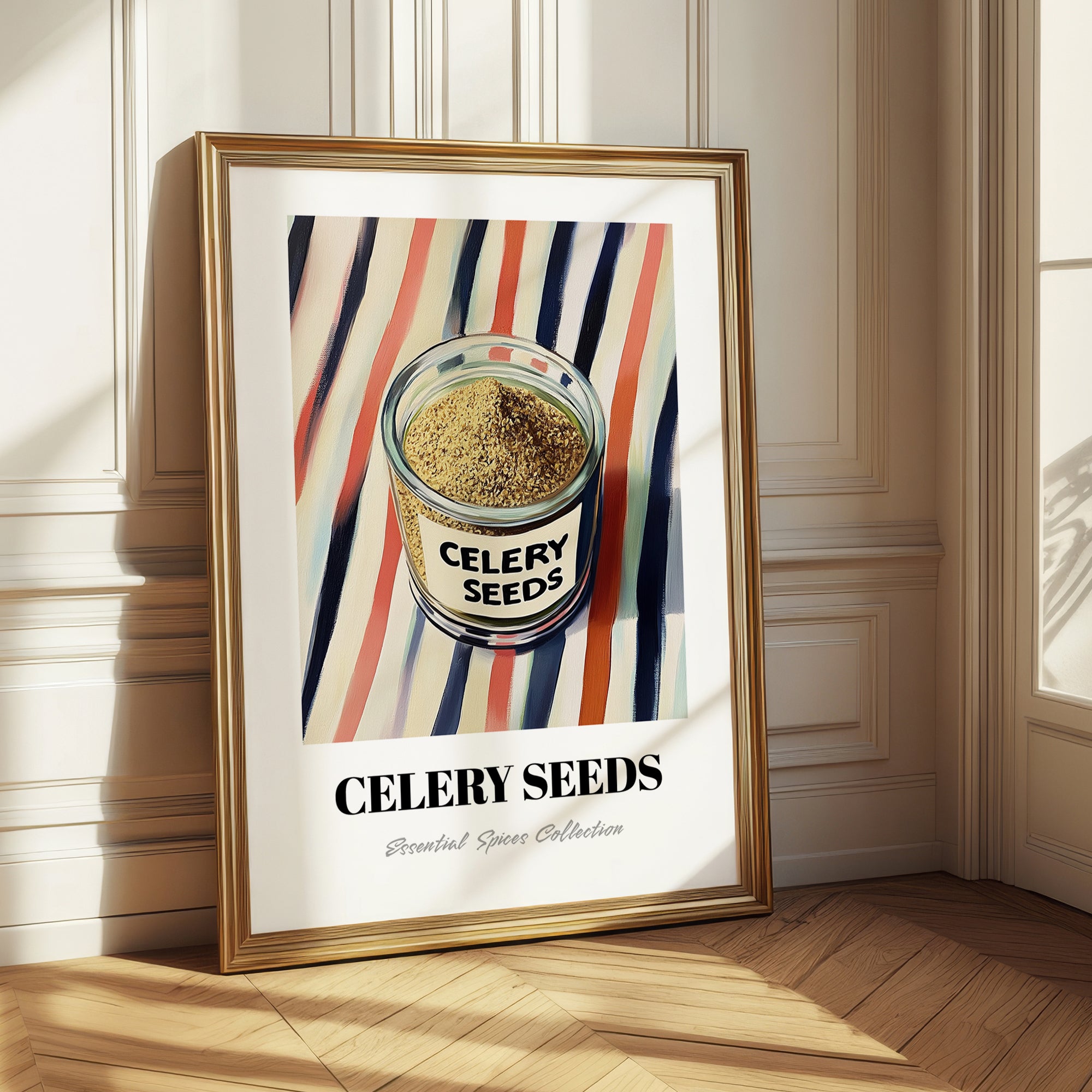Celery Seeds – on Striped Tablecloth, Spices Poster