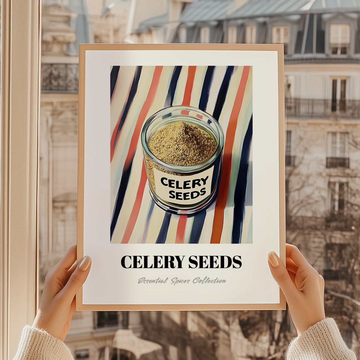 Celery Seeds – on Striped Tablecloth, Spices Poster, styled in a charming Paris street view