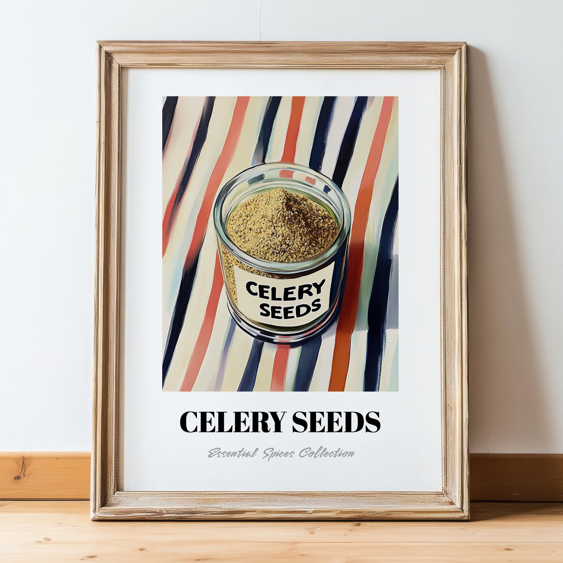 Celery Seeds – on Striped Tablecloth, Spices Poster, in wooden frame leaning on the floor