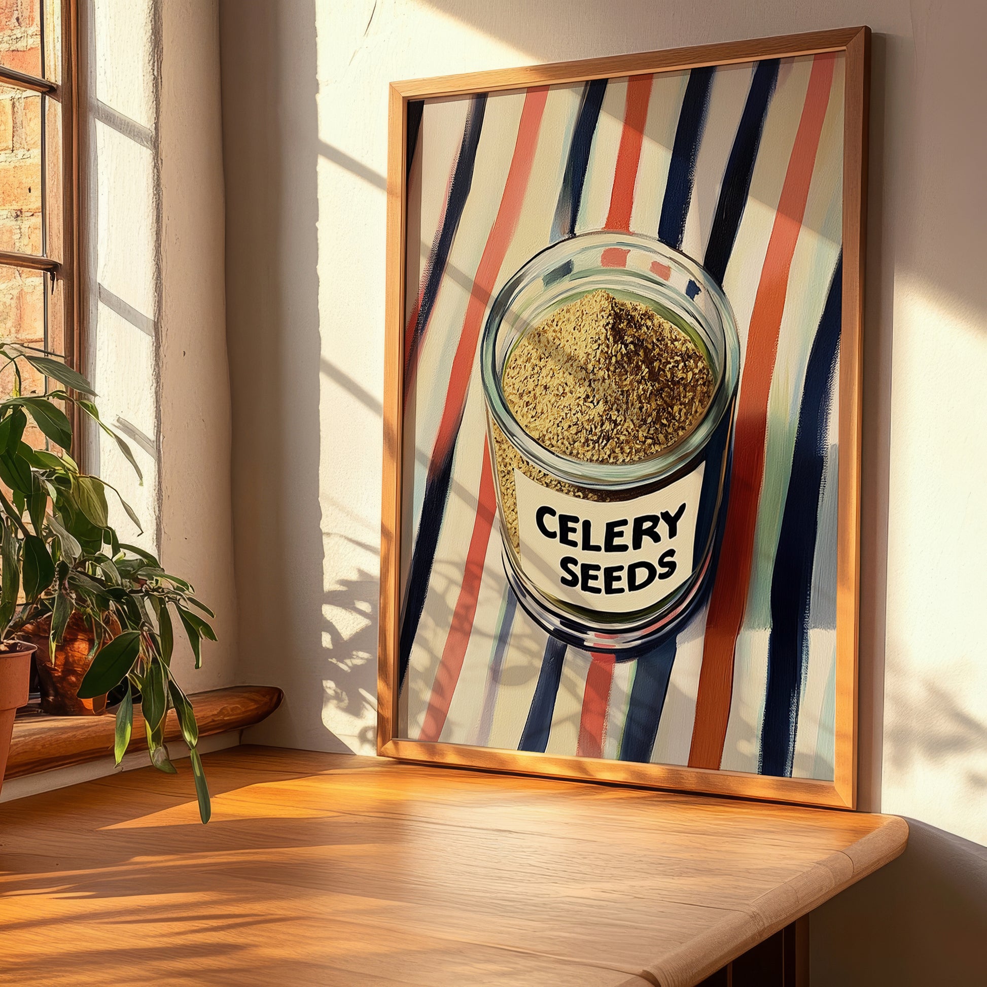 Celery Seeds – on Striped Tablecloth, Spices Poster, clean layout with no caption