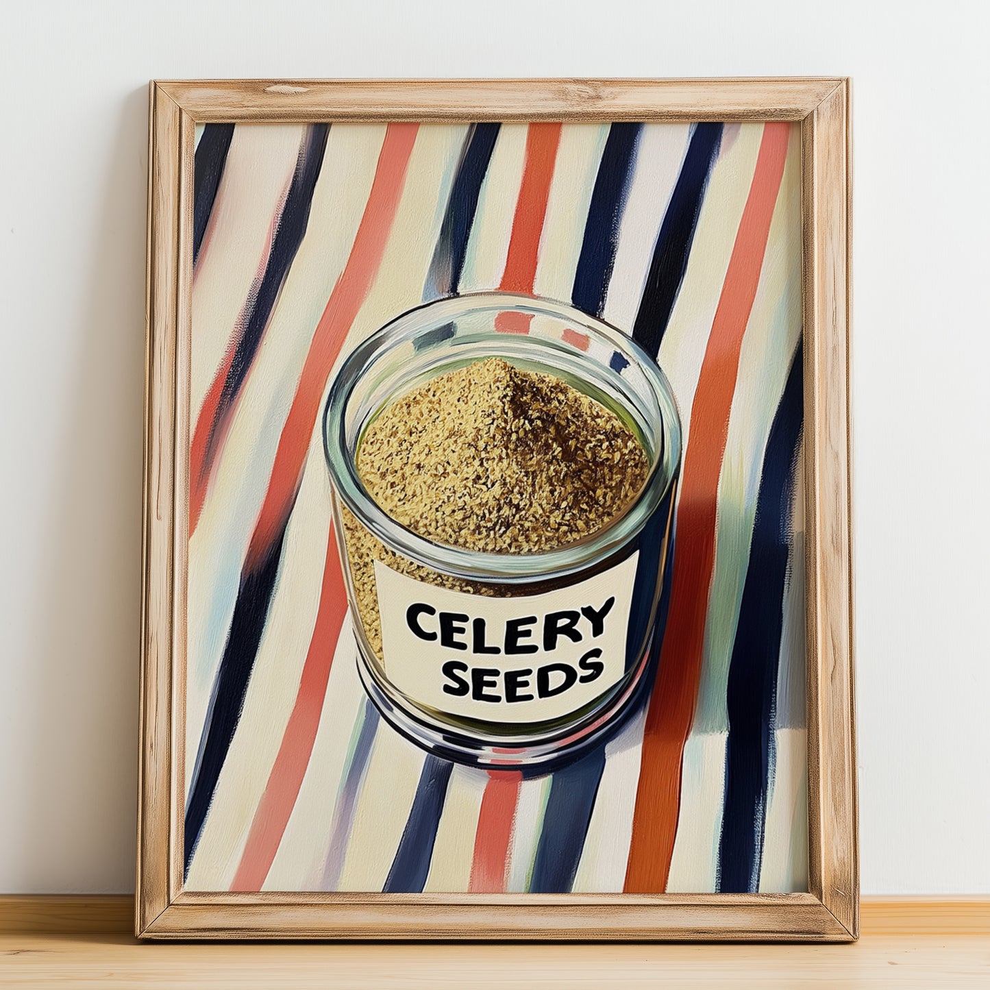 Celery Seeds – on Striped Tablecloth, Spices Poster, no-text version framed in wood