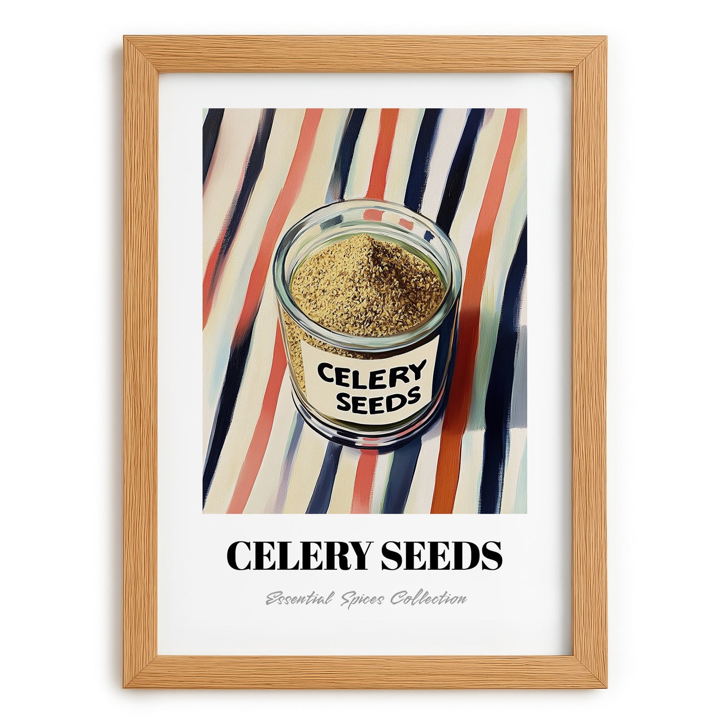 Celery Seeds – on Striped Tablecloth, Spices Poster, set in oak frame