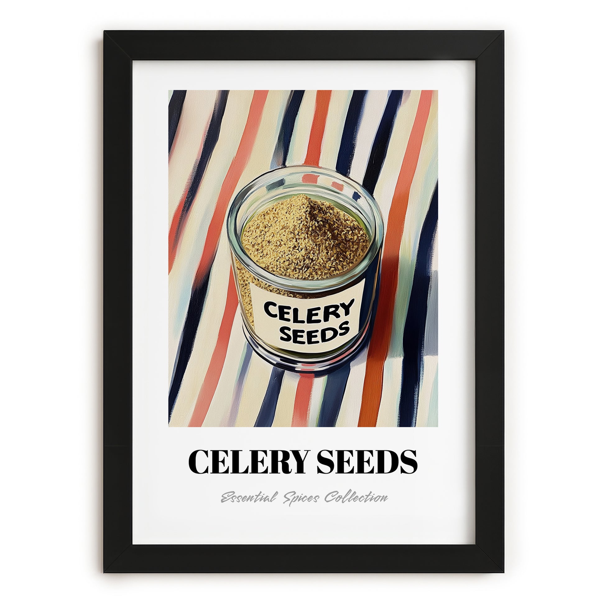 Celery Seeds – on Striped Tablecloth, Spices Poster, in sleek black frame