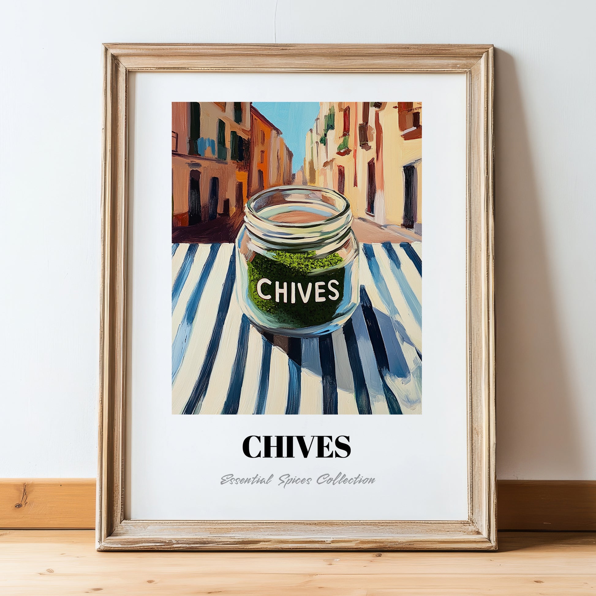 Chives – Italian Urban Café Scene, Spices Still Life, in wooden frame leaning on the floor