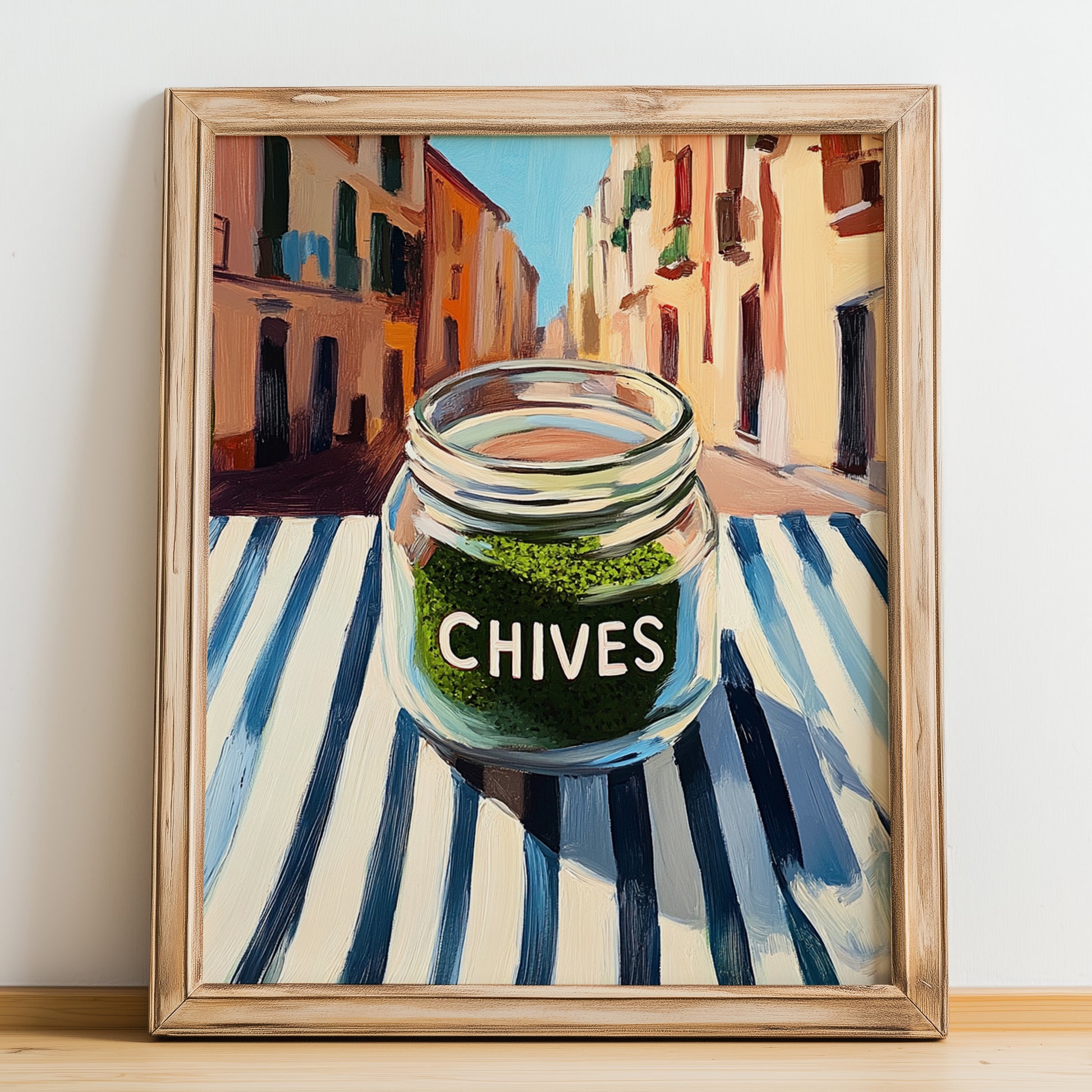 Chives – Italian Urban Café Scene, Spices Still Life, no-text version framed in wood