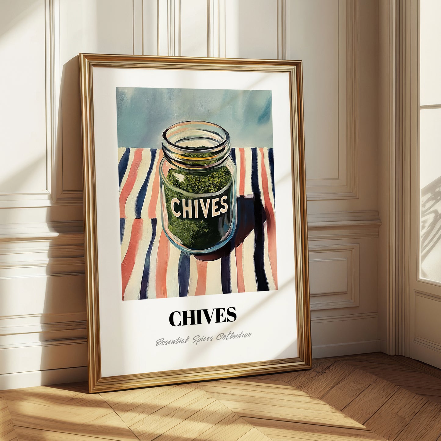 Chives – on Striped Tablecloth, Spices Painting