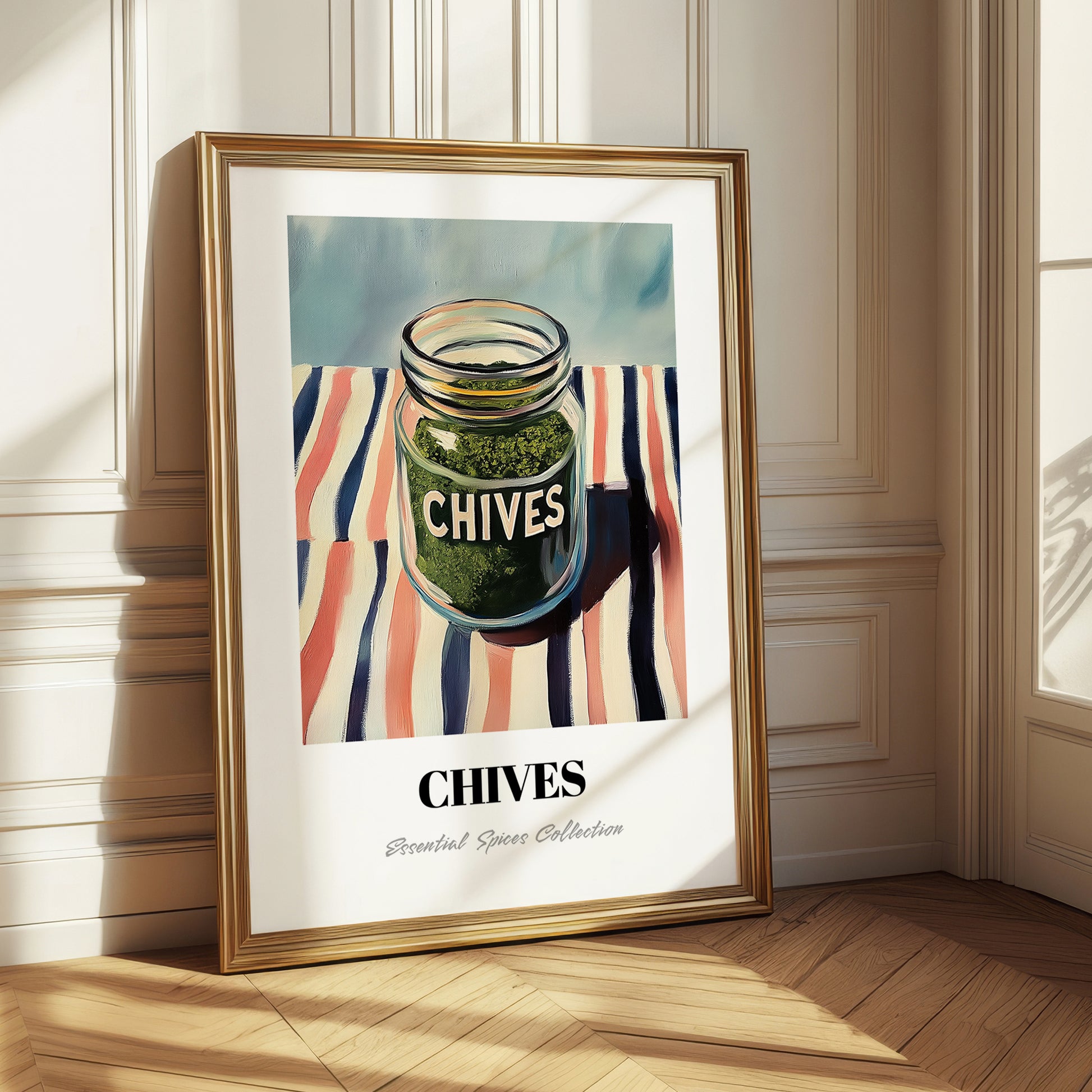 Chives – on Striped Tablecloth, Spices Painting