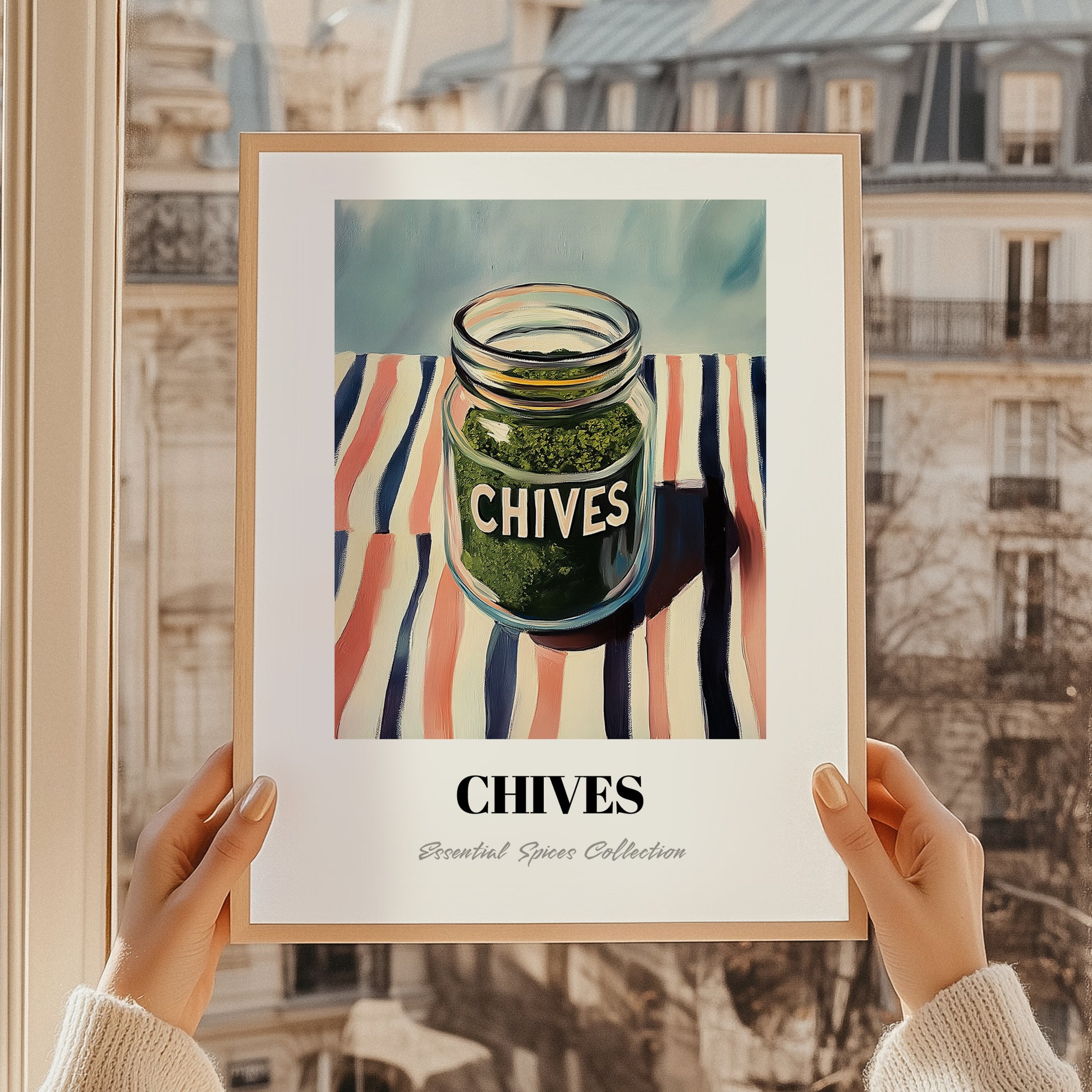 Chives – on Striped Tablecloth, Spices Painting, styled in a charming Paris street view