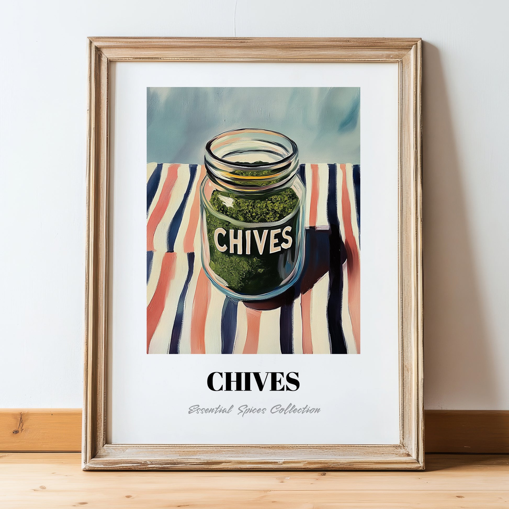 Chives – on Striped Tablecloth, Spices Painting, in wooden frame leaning on the floor