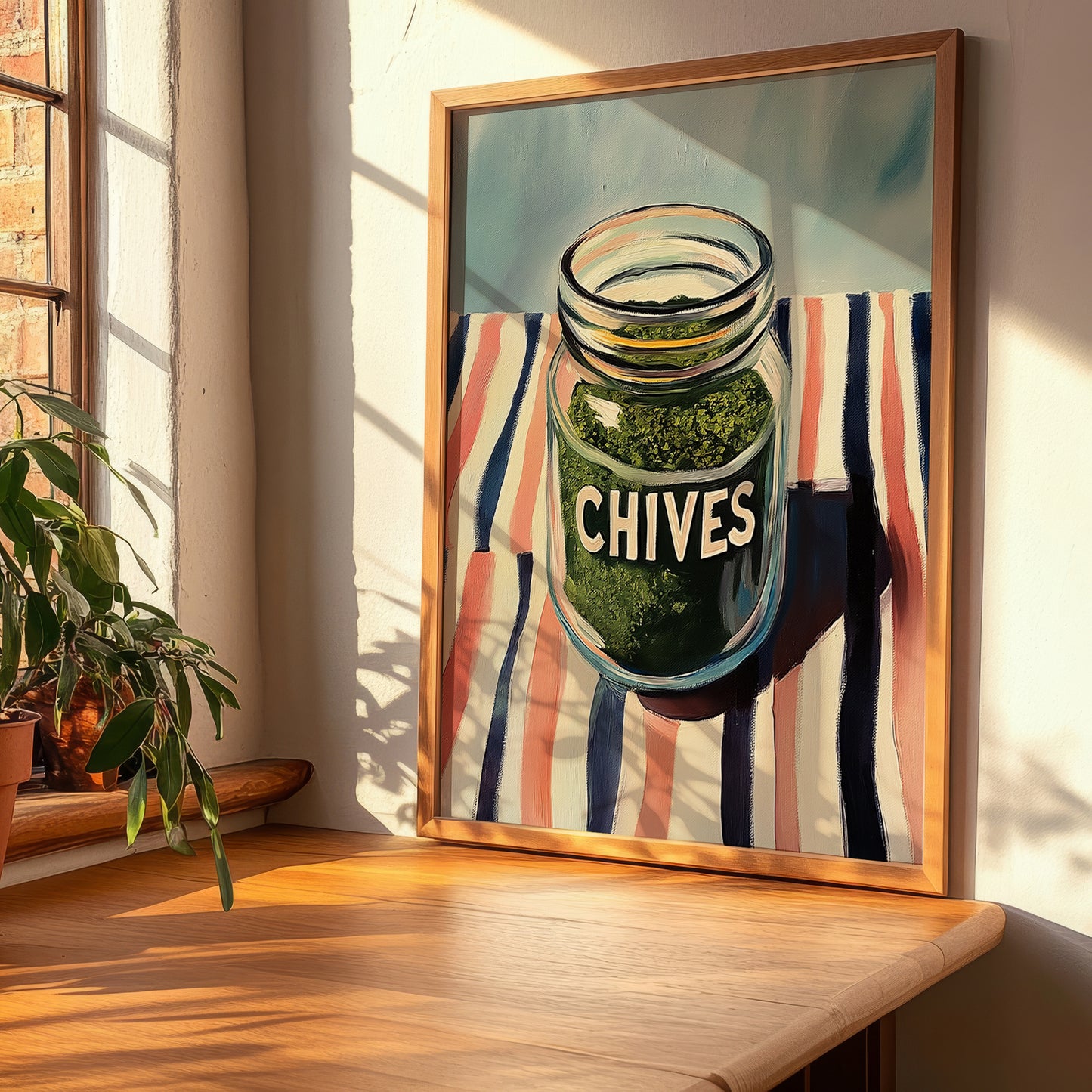 Chives – on Striped Tablecloth, Spices Painting, clean layout with no caption