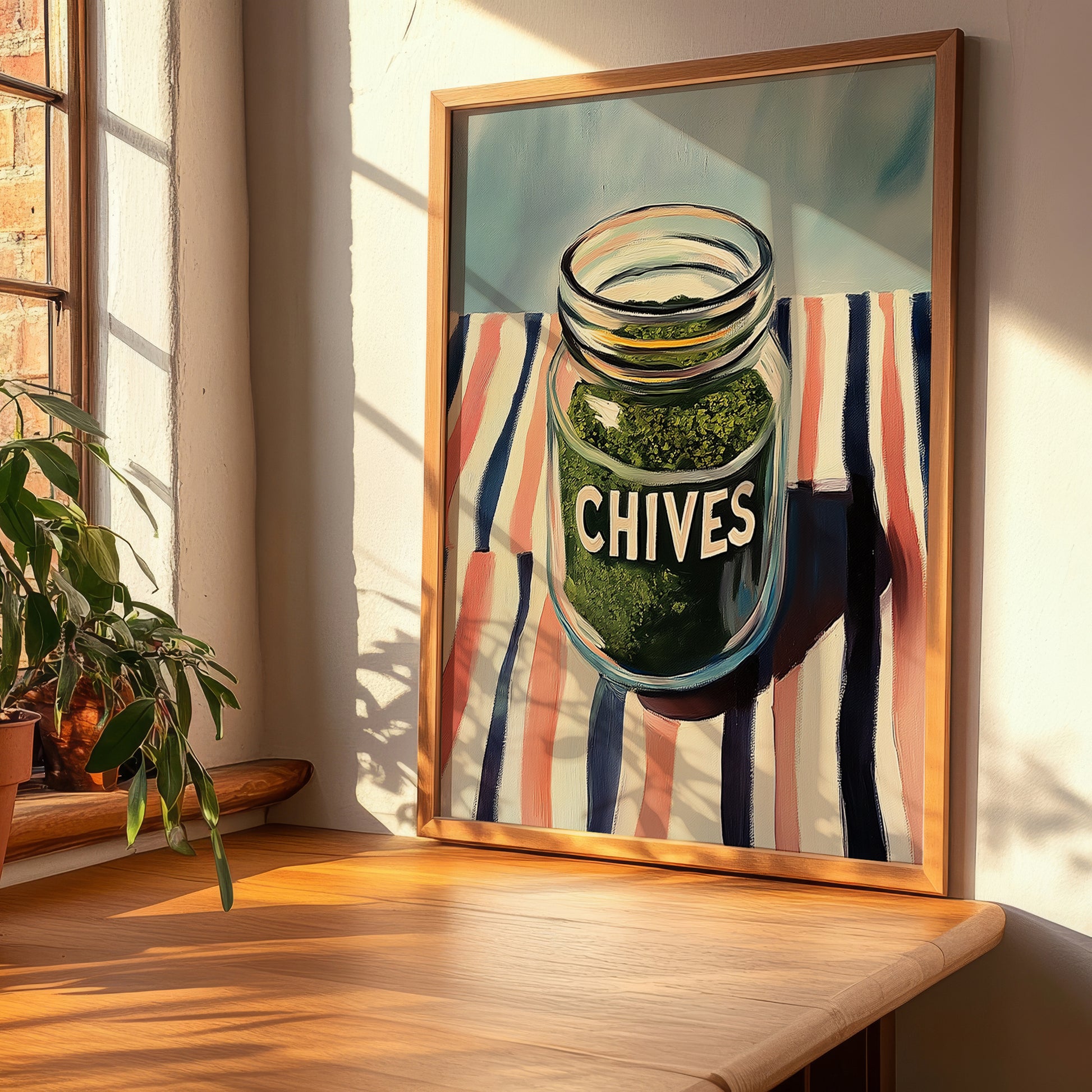 Chives – on Striped Tablecloth, Spices Painting, clean layout with no caption