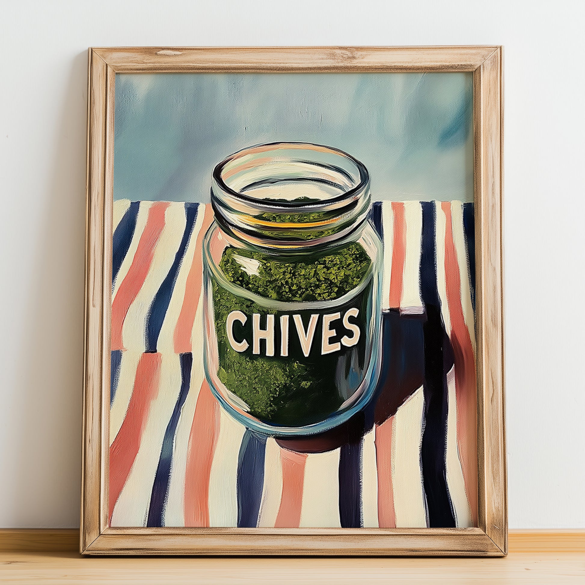 Chives – on Striped Tablecloth, Spices Painting, no-text version framed in wood